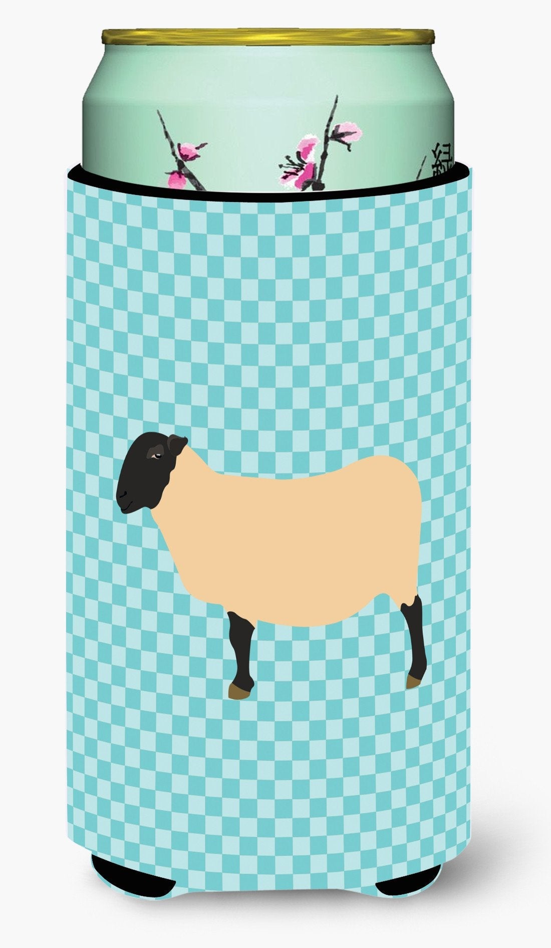 Suffolk Sheep Blue Check Tall Boy Hugger Can Cooler Sleeve Machine Washable Drink Collapsible Insulator Beverage Insulated Holder