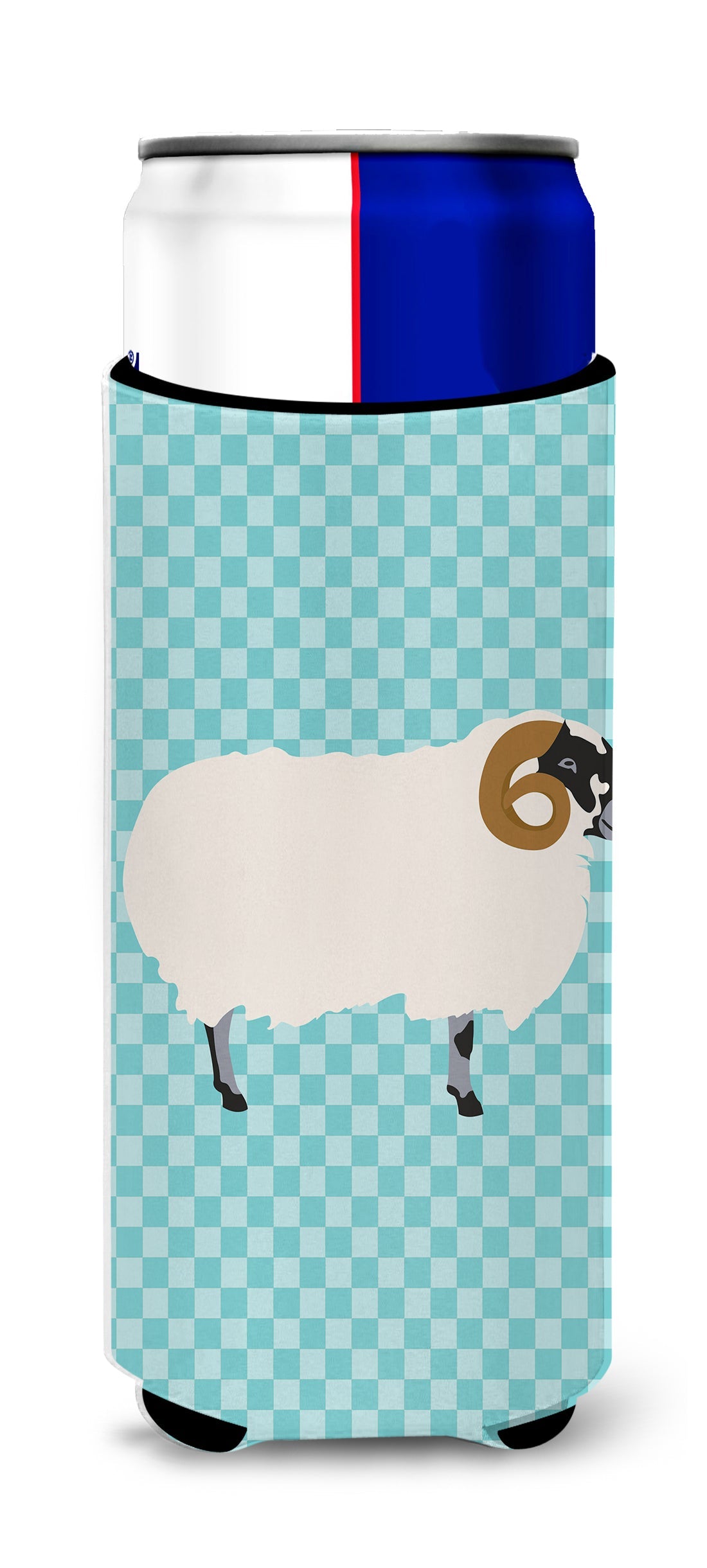 Scottish Blackface Sheep Blue Check Slim Can Hugger , Insulated Foam Hugger for 12 oz Slim Cans, Beer Bottles & Water Bottles, Printed in USA