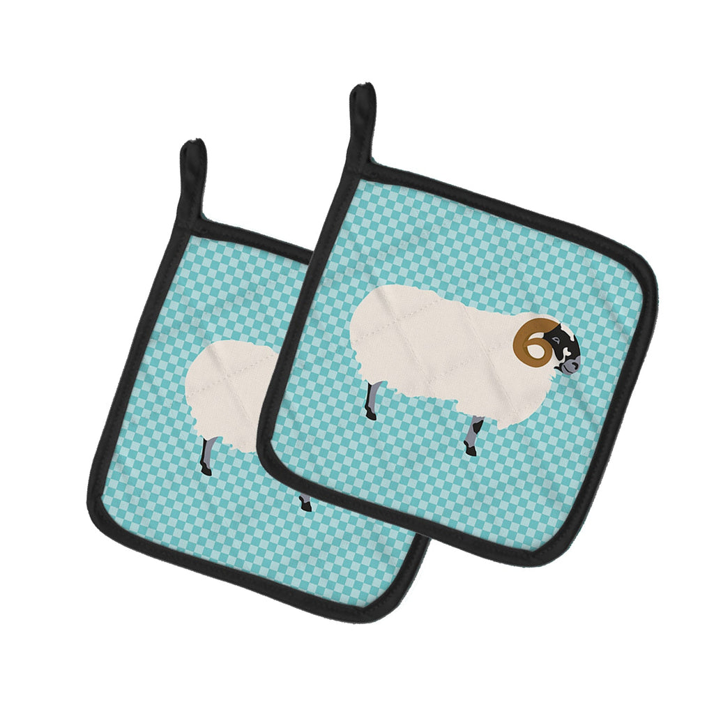 Scottish Blackface Sheep Blue Check Pot Holder Set of 2 Heat Resistant Quilted Hot Pads 7.5 x 7.5 Inch, Insulated Kitchen Trivets for Cooking & Baking