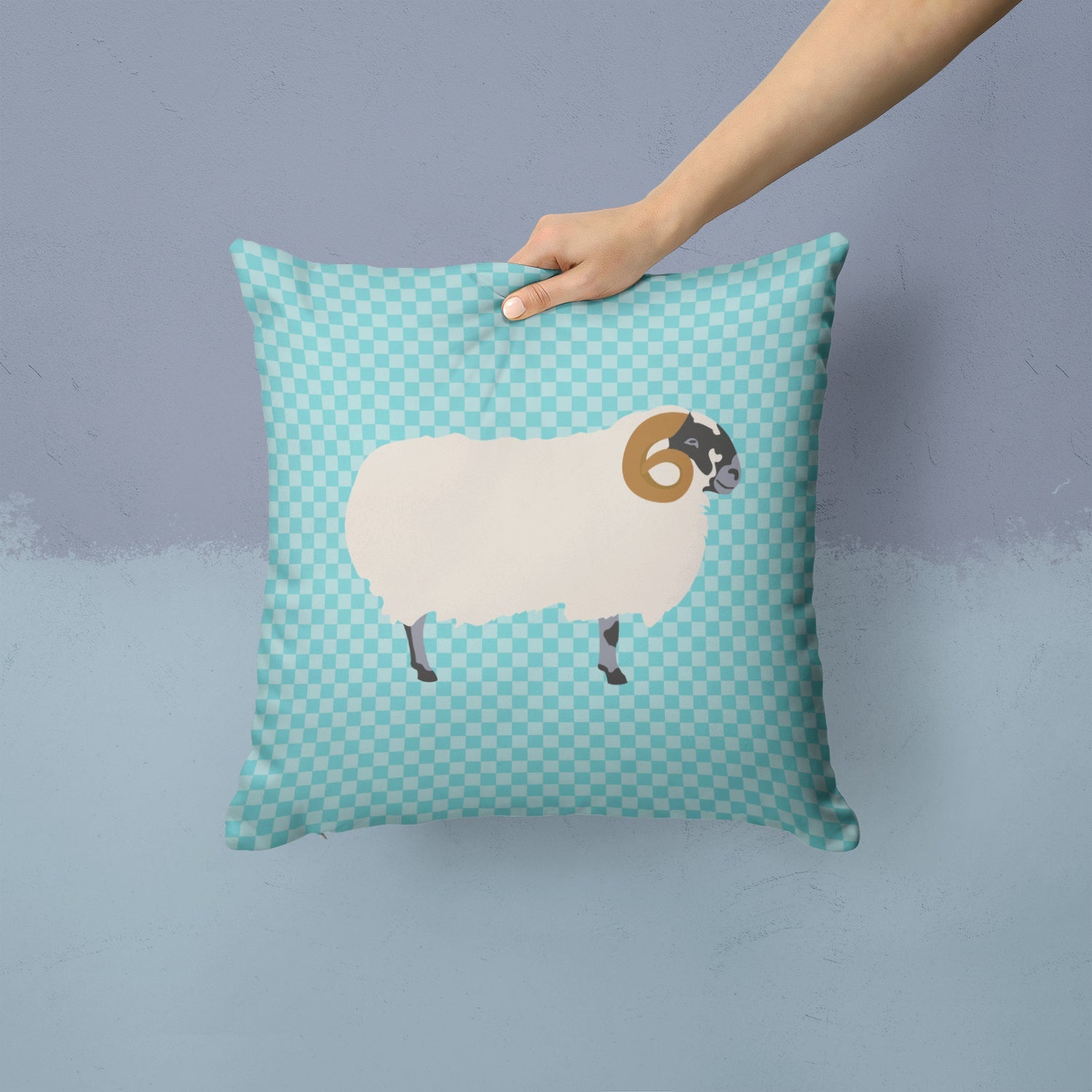 Scottish Blackface Sheep Blue Check Decorative Throw Pillow 14x14 Indoor Outdoor Accent Cushion, Fabric Cover with Insert for Sofa, Bed, Porch & Living Room