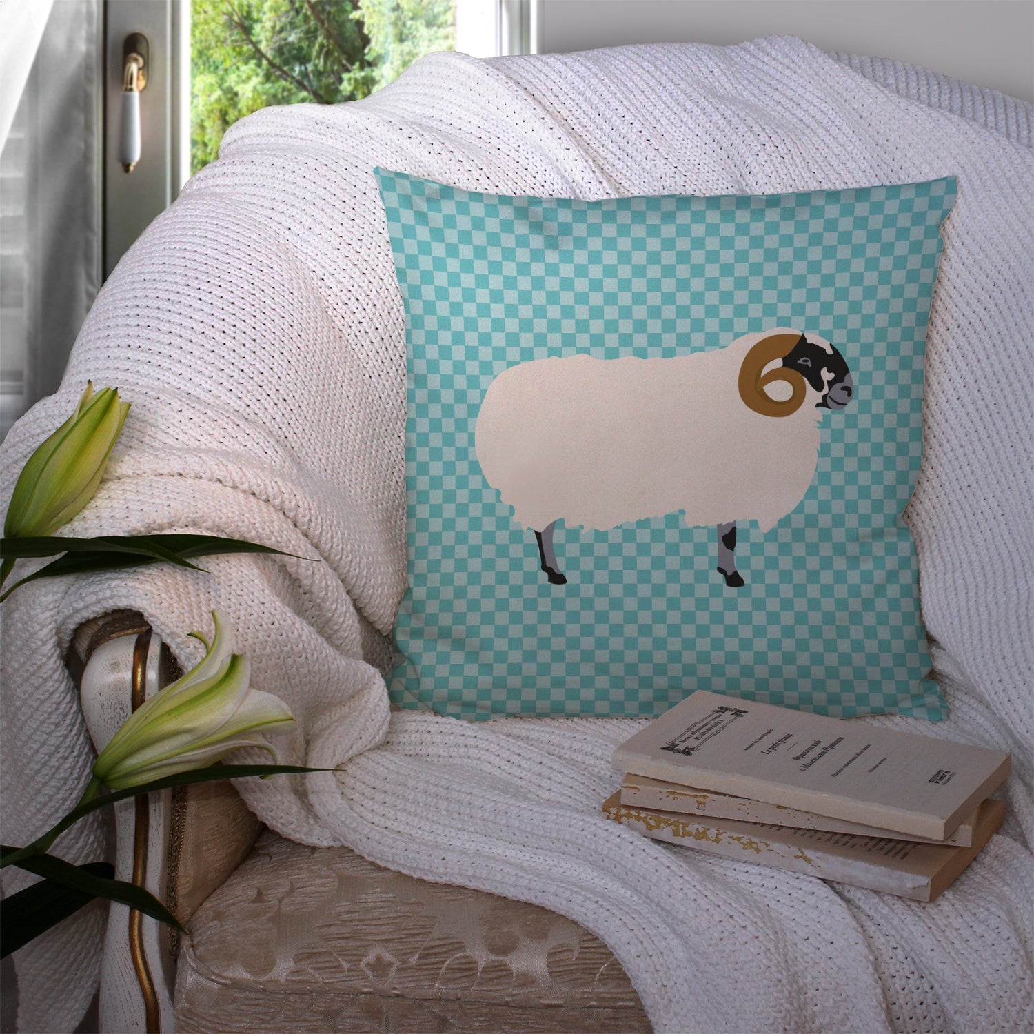 Scottish Blackface Sheep Blue Check Decorative Throw Pillow 14x14 Indoor Outdoor Accent Cushion, Fabric Cover with Insert for Sofa, Bed, Porch & Living Room