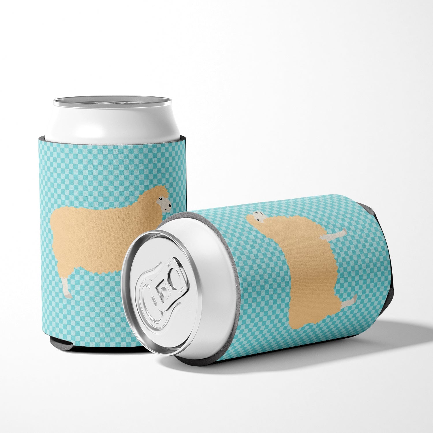 English Leicester Longwool Sheep Blue Check Can or Bottle Hugger Cooler Sleeve for Standard 12 oz Cans, Insulated Foam Beer & Soda Can Hugger Reusable