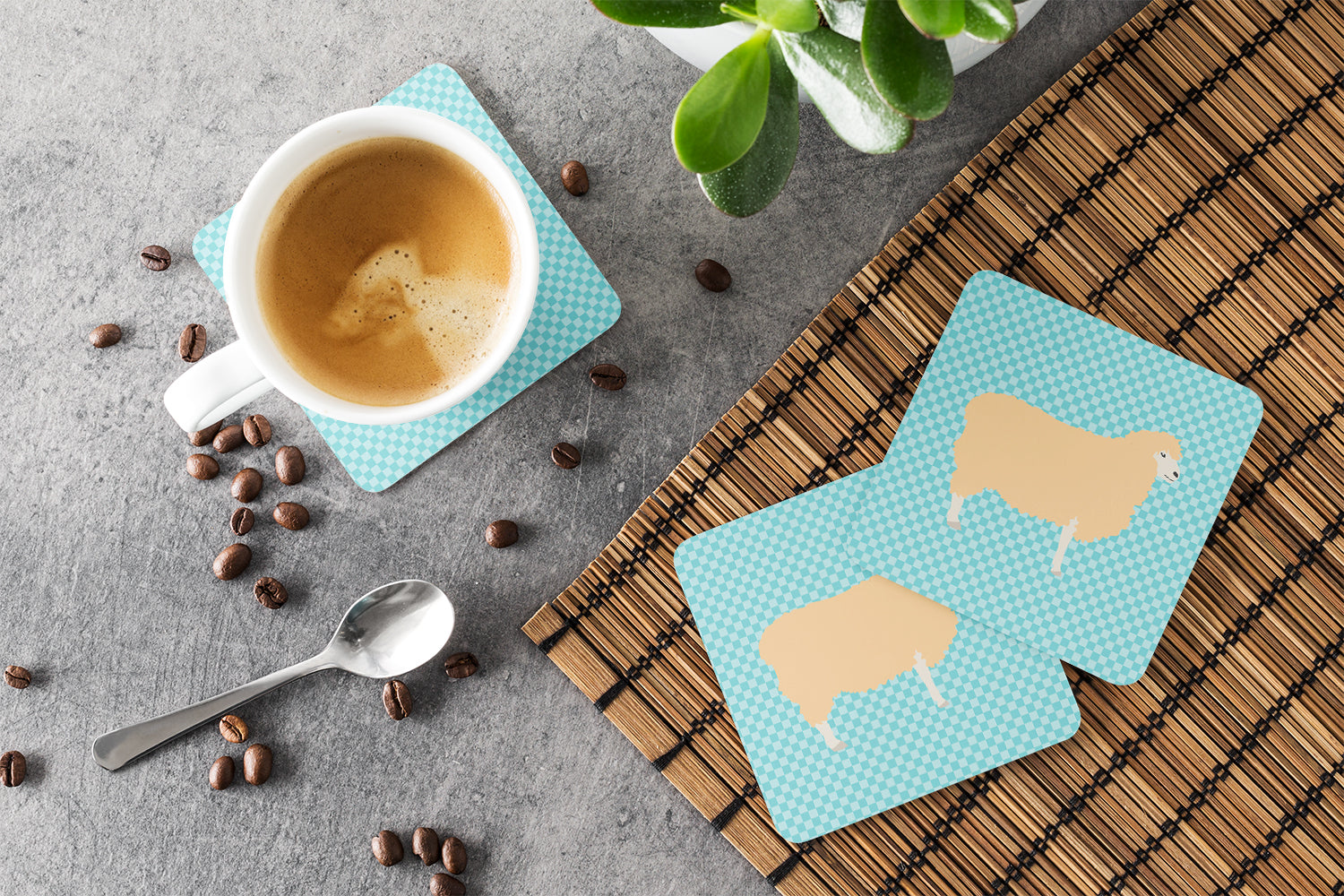 English Leicester Longwool Sheep Blue Check Foam Coasters Set of 4 Cup Coasters for Indoor Outdoor, Tabletop Protection, Anti Slip, Mouse pad Material