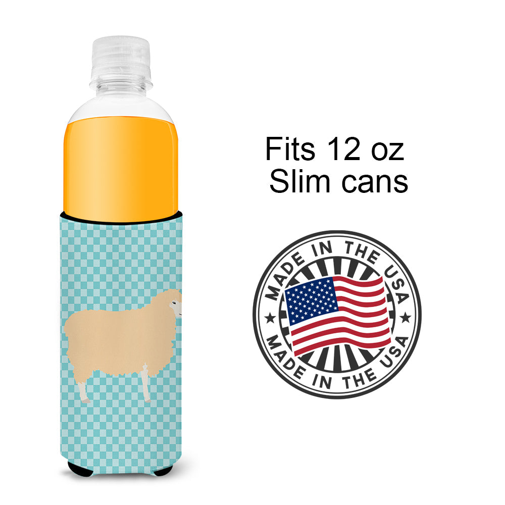 English Leicester Longwool Sheep Blue Check Slim Can Hugger , Insulated Foam Hugger for 12 oz Slim Cans, Beer Bottles & Water Bottles, Printed in USA