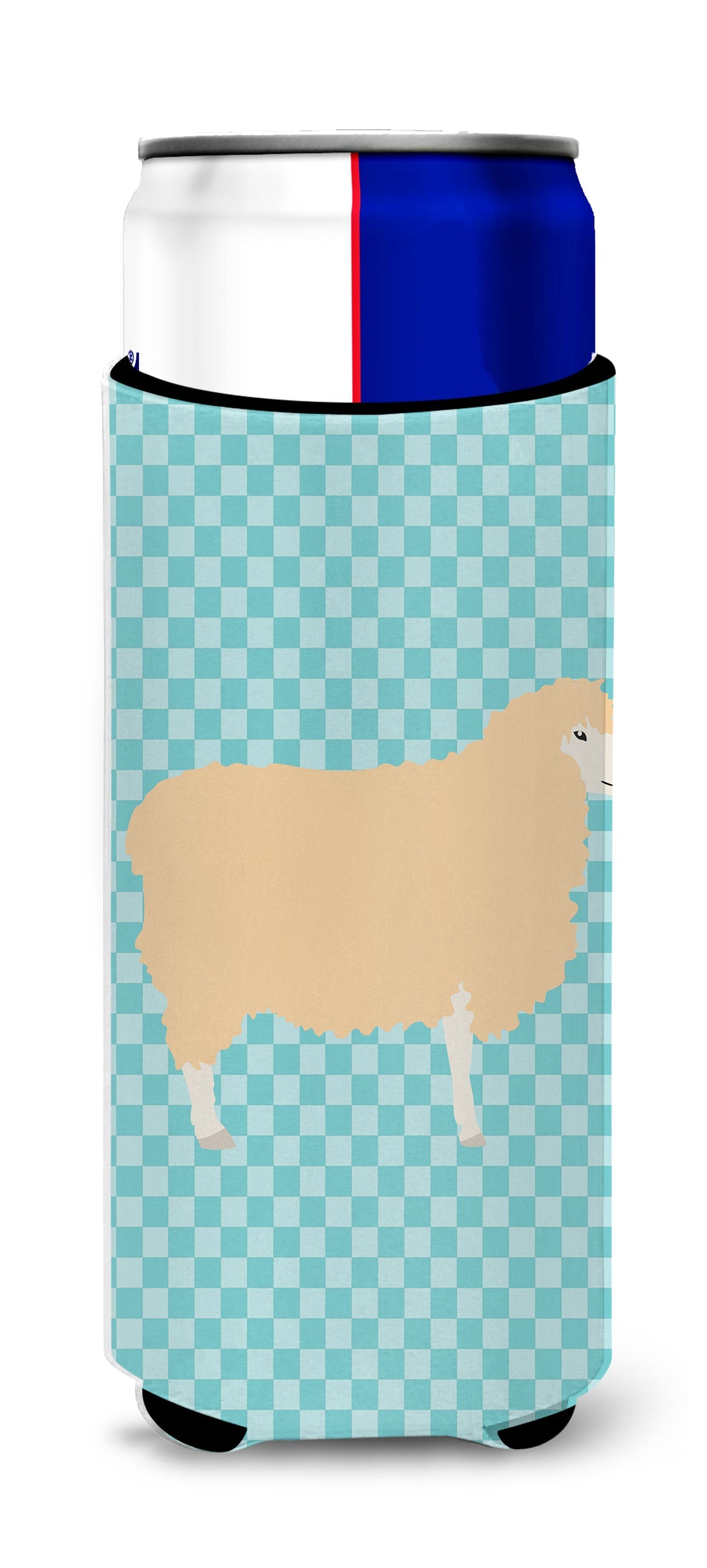English Leicester Longwool Sheep Blue Check Slim Can Hugger , Insulated Foam Hugger for 12 oz Slim Cans, Beer Bottles & Water Bottles, Printed in USA