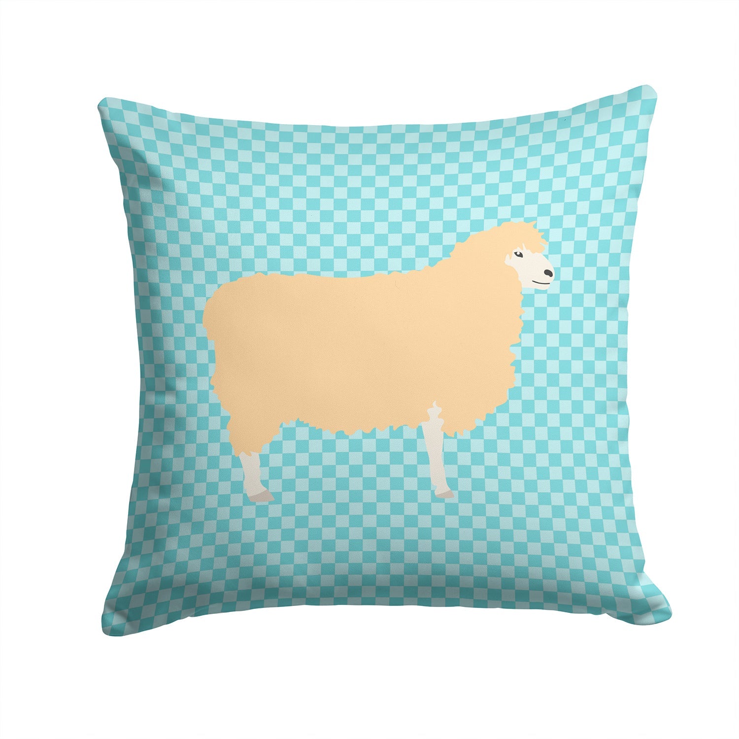 English Leicester Longwool Sheep Blue Check Decorative Throw Pillow 14x14 Indoor Outdoor Accent Cushion, Fabric Cover with Insert for Sofa, Bed, Porch & Living Room