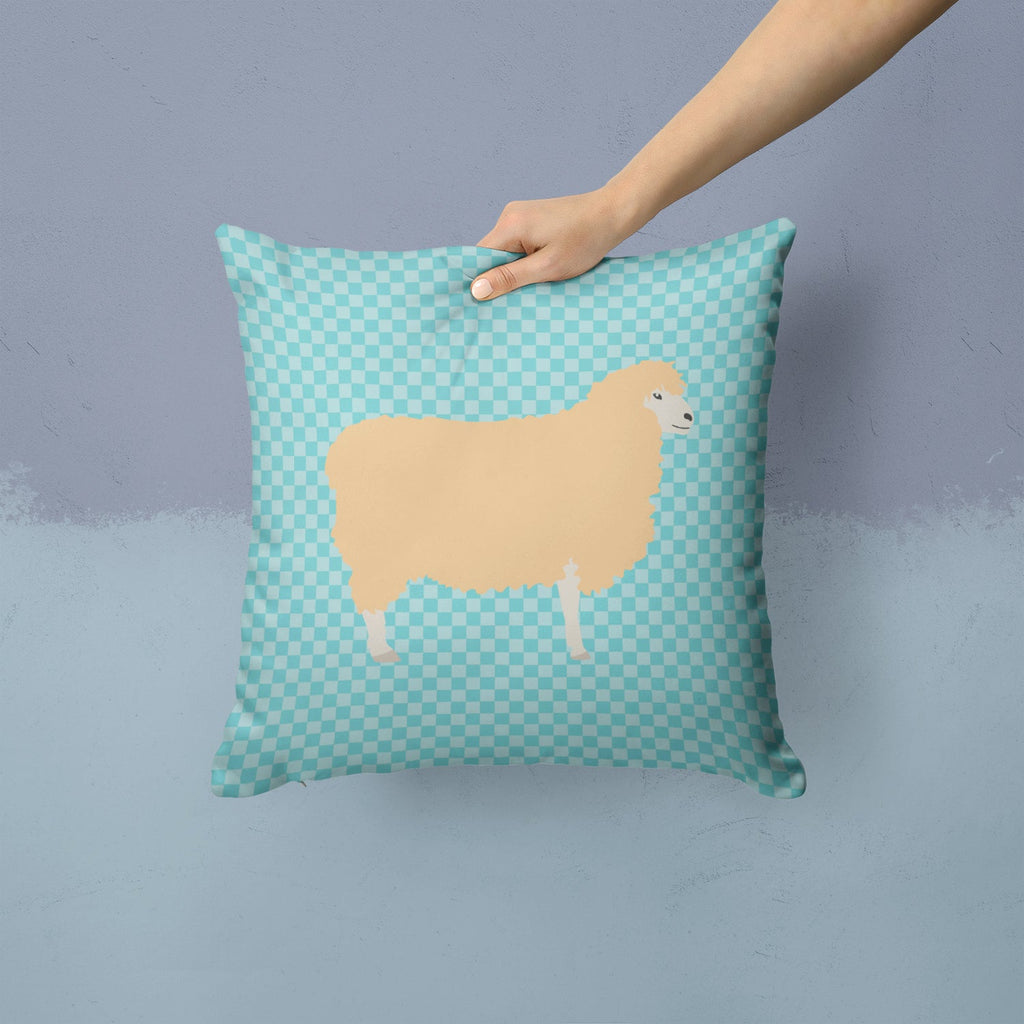 English Leicester Longwool Sheep Blue Check Decorative Throw Pillow 14x14 Indoor Outdoor Accent Cushion, Fabric Cover with Insert for Sofa, Bed, Porch & Living Room