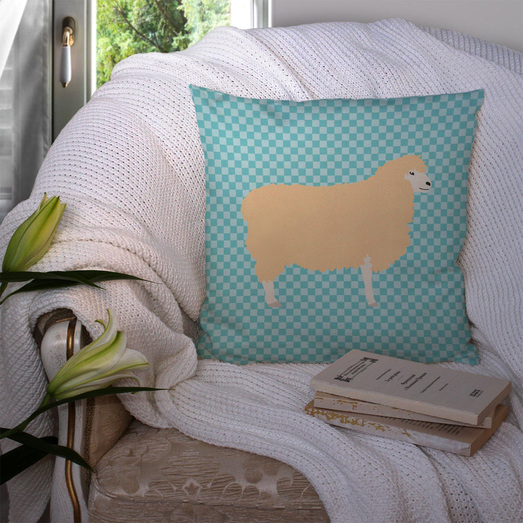 English Leicester Longwool Sheep Blue Check Decorative Throw Pillow 14x14 Indoor Outdoor Accent Cushion, Fabric Cover with Insert for Sofa, Bed, Porch & Living Room