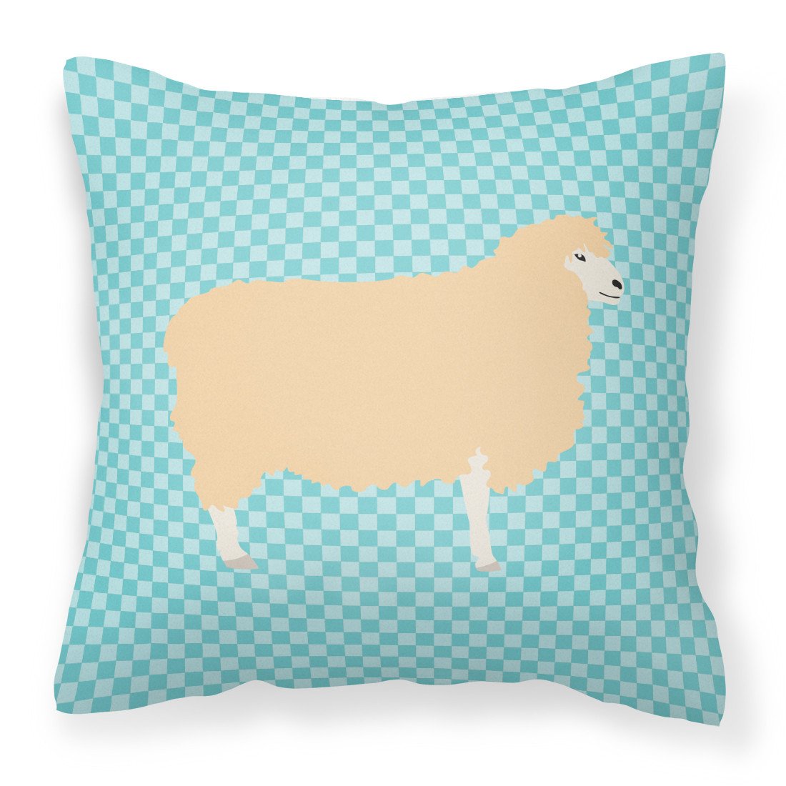 English Leicester Longwool Sheep Blue Check Decorative Throw Pillow 18x18 Indoor Outdoor Accent Cushion, Fabric Cover with Insert for Sofa, Bed, Porch & Living Room