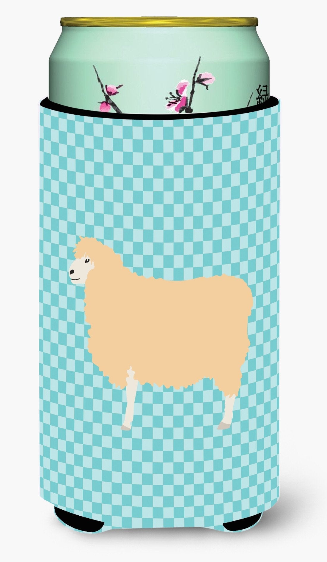 English Leicester Longwool Sheep Blue Check Tall Boy Hugger Can Cooler Sleeve Machine Washable Drink Collapsible Insulator Beverage Insulated Holder