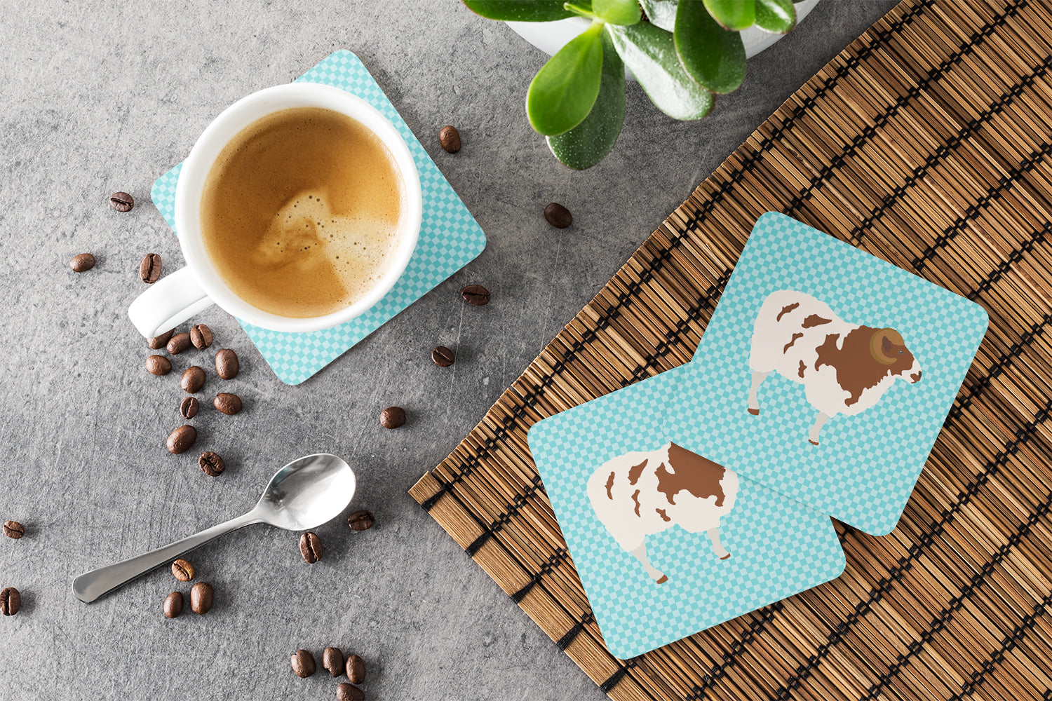 Jacob Sheep Blue Check Foam Coasters Set of 4 Cup Coasters for Indoor Outdoor, Tabletop Protection, Anti Slip, Mouse pad Material