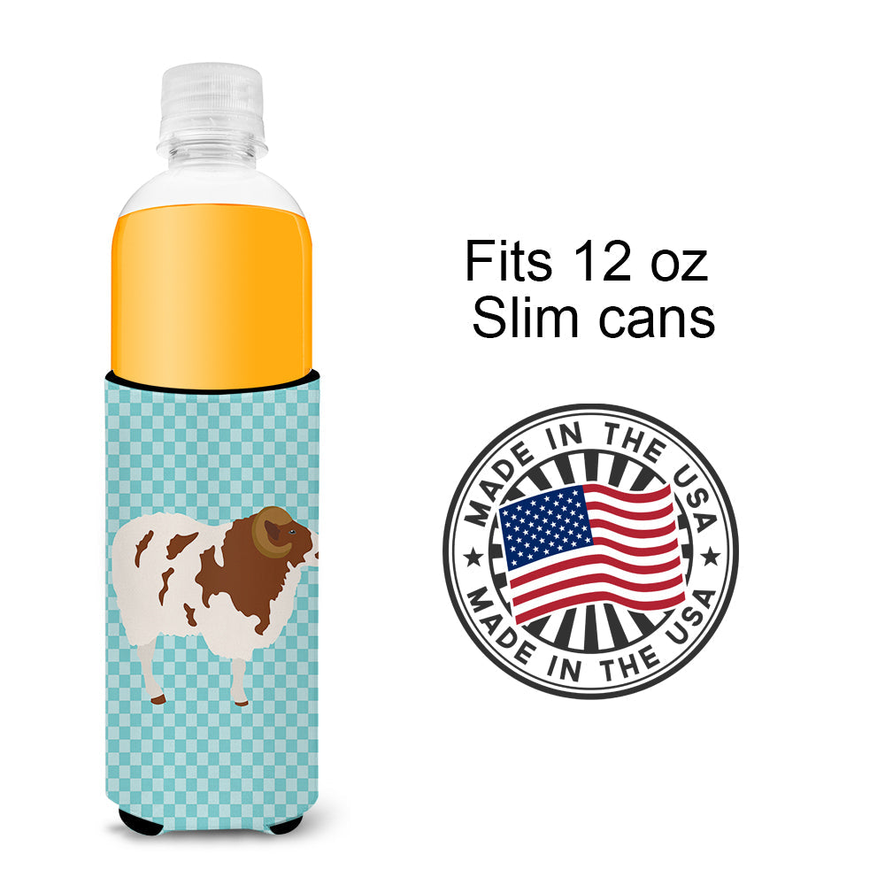 Jacob Sheep Blue Check Slim Can Hugger , Insulated Foam Hugger for 12 oz Slim Cans, Beer Bottles & Water Bottles, Printed in USA