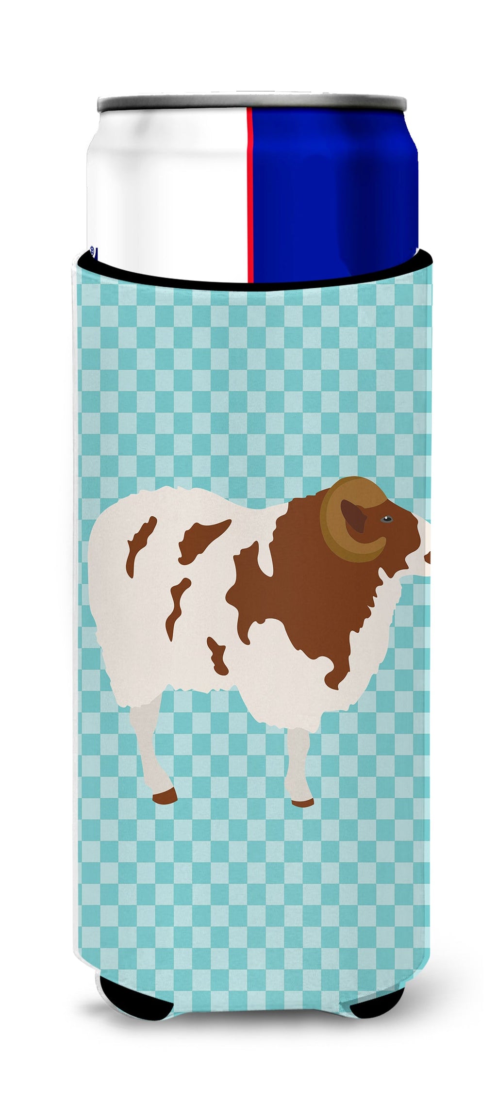Jacob Sheep Blue Check Slim Can Hugger , Insulated Foam Hugger for 12 oz Slim Cans, Beer Bottles & Water Bottles, Printed in USA
