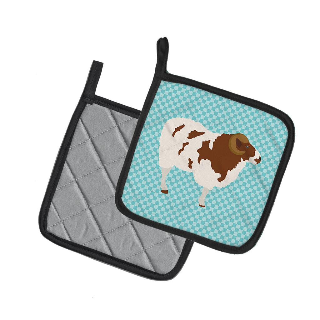 Jacob Sheep Blue Check Pot Holder Set of 2 Heat Resistant Quilted Hot Pads 7.5 x 7.5 Inch, Insulated Kitchen Trivets for Cooking & Baking