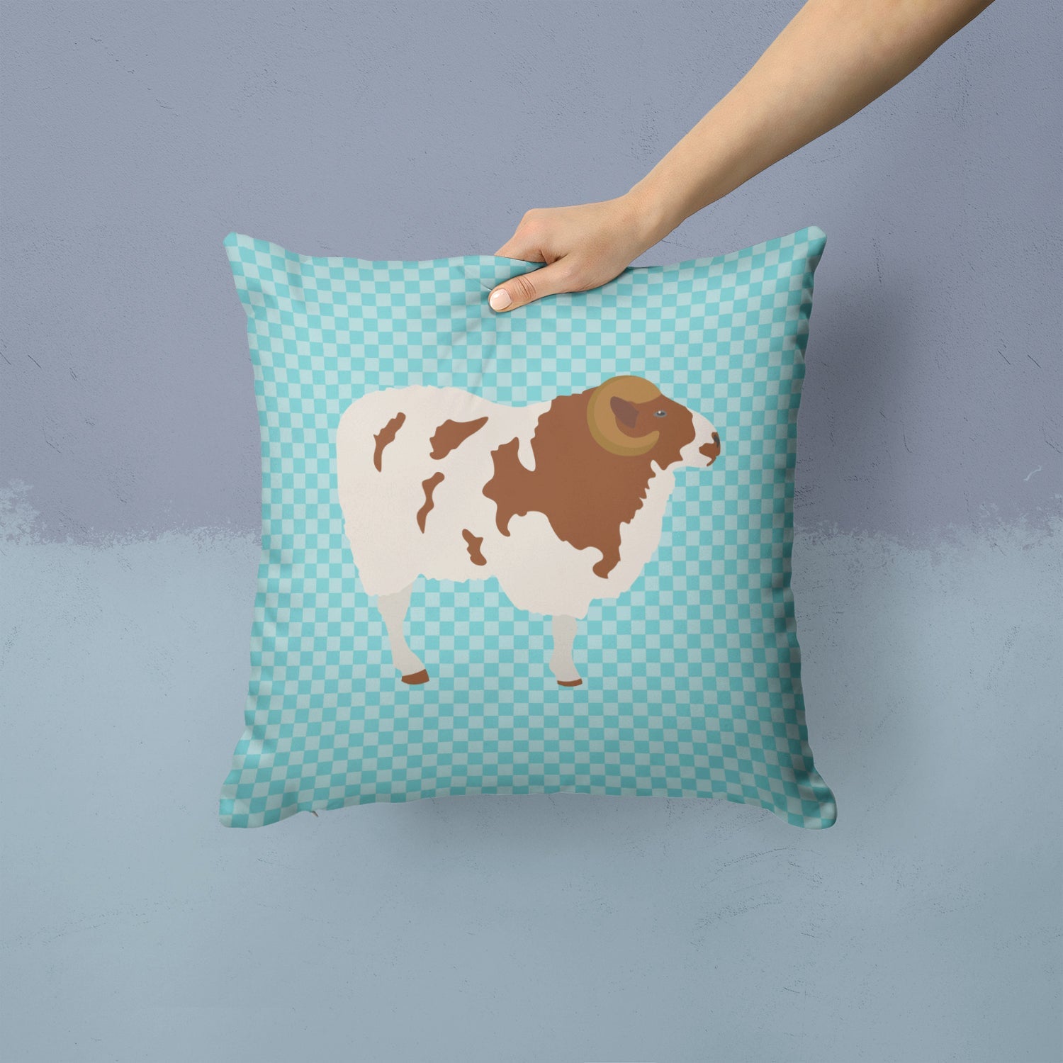 Jacob Sheep Blue Check Decorative Throw Pillow 14x14 Indoor Outdoor Accent Cushion, Fabric Cover with Insert for Sofa, Bed, Porch & Living Room
