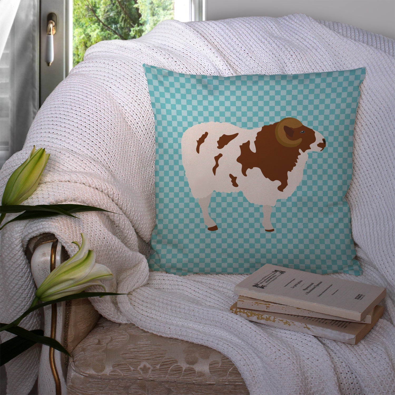 Jacob Sheep Blue Check Decorative Throw Pillow 14x14 Indoor Outdoor Accent Cushion, Fabric Cover with Insert for Sofa, Bed, Porch & Living Room
