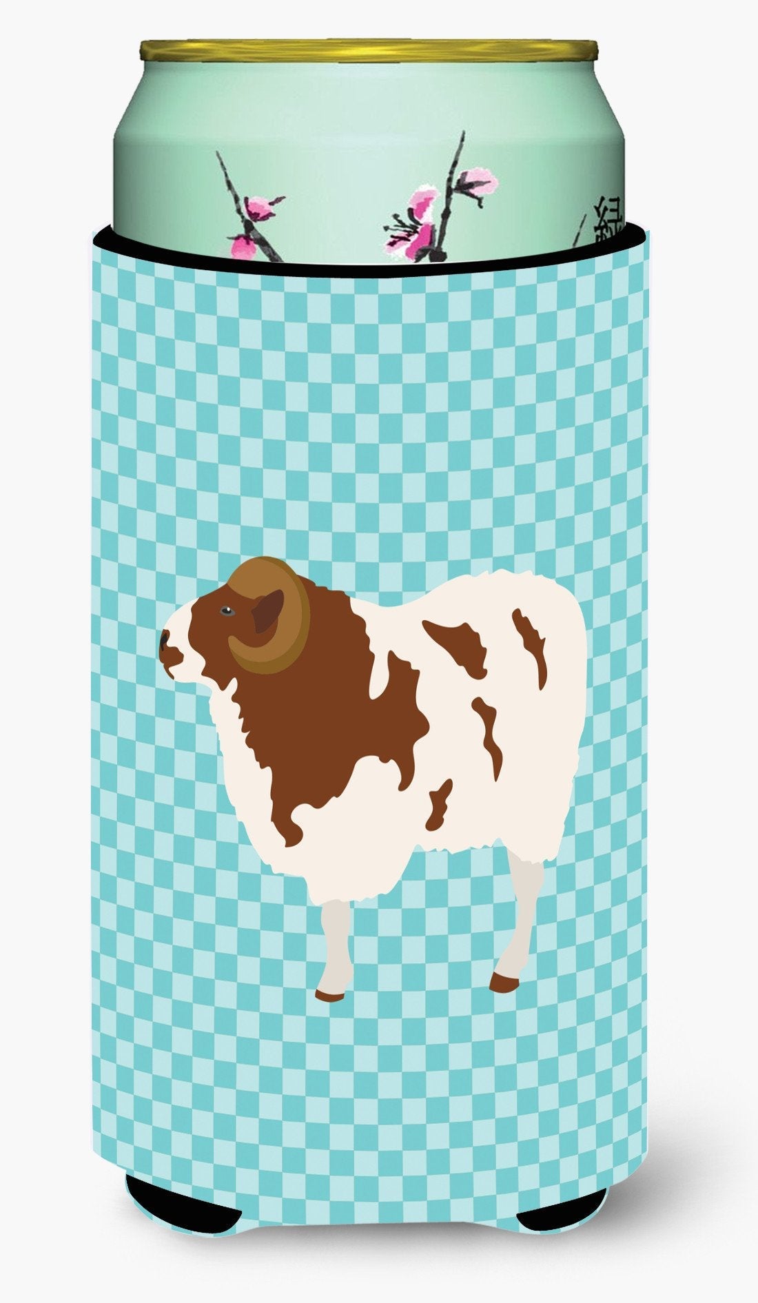 Jacob Sheep Blue Check Tall Boy Hugger Can Cooler Sleeve Machine Washable Drink Collapsible Insulator Beverage Insulated Holder