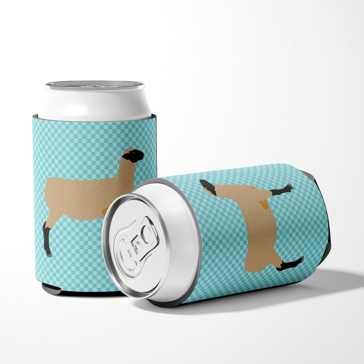 Hampshire Down Sheep Blue Check Can or Bottle Hugger Cooler Sleeve for Standard 12 oz Cans, Insulated Foam Beer & Soda Can Hugger Reusable