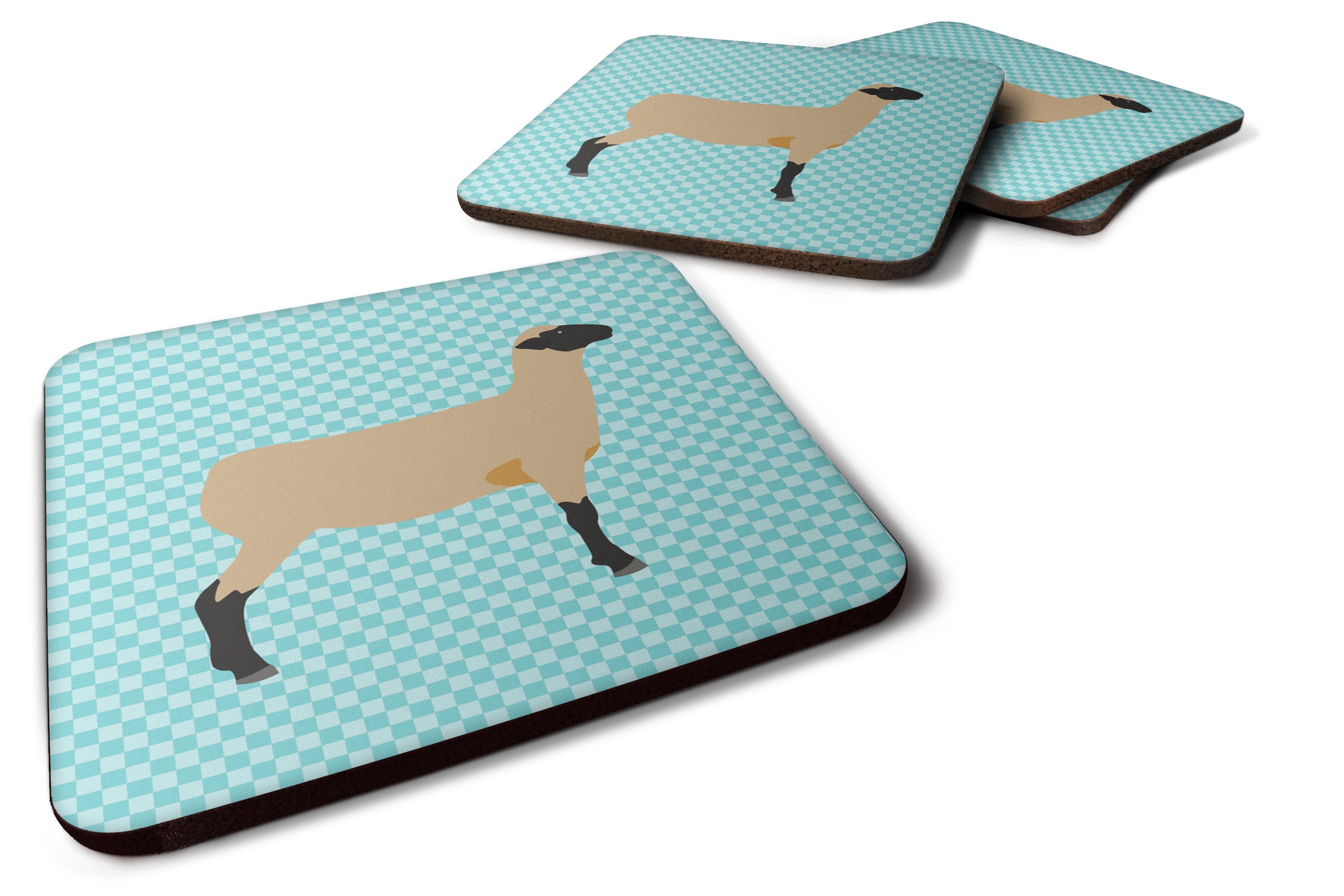 Hampshire Down Sheep Blue Check Foam Coasters Set of 4 Cup Coasters for Indoor Outdoor, Tabletop Protection, Anti Slip, Mouse pad Material
