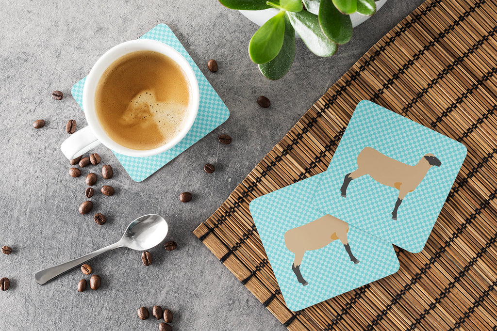 Hampshire Down Sheep Blue Check Foam Coasters Set of 4 Cup Coasters for Indoor Outdoor, Tabletop Protection, Anti Slip, Mouse pad Material