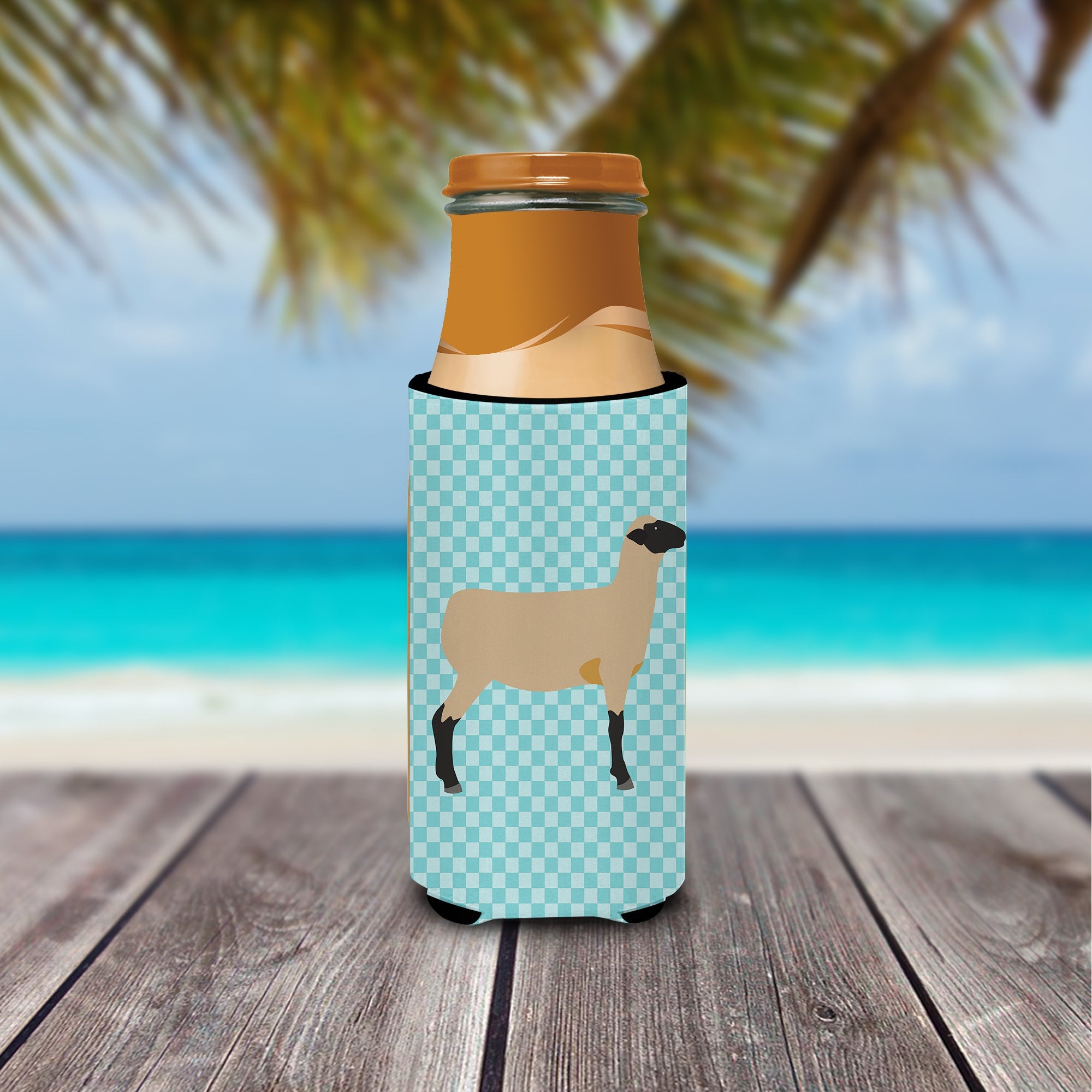 Hampshire Down Sheep Blue Check Slim Can Hugger , Insulated Foam Hugger for 12 oz Slim Cans, Beer Bottles & Water Bottles, Printed in USA