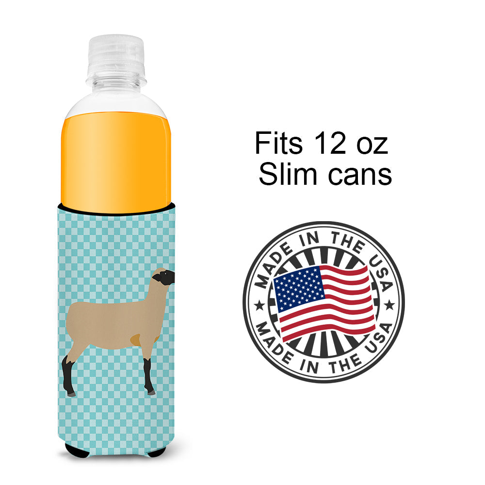 Hampshire Down Sheep Blue Check Slim Can Hugger , Insulated Foam Hugger for 12 oz Slim Cans, Beer Bottles & Water Bottles, Printed in USA