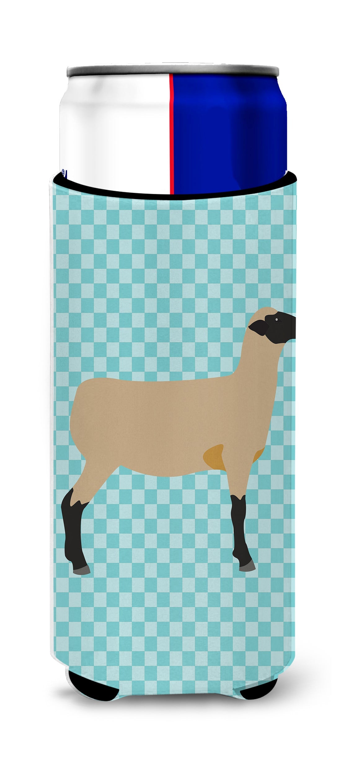 Hampshire Down Sheep Blue Check Slim Can Hugger , Insulated Foam Hugger for 12 oz Slim Cans, Beer Bottles & Water Bottles, Printed in USA