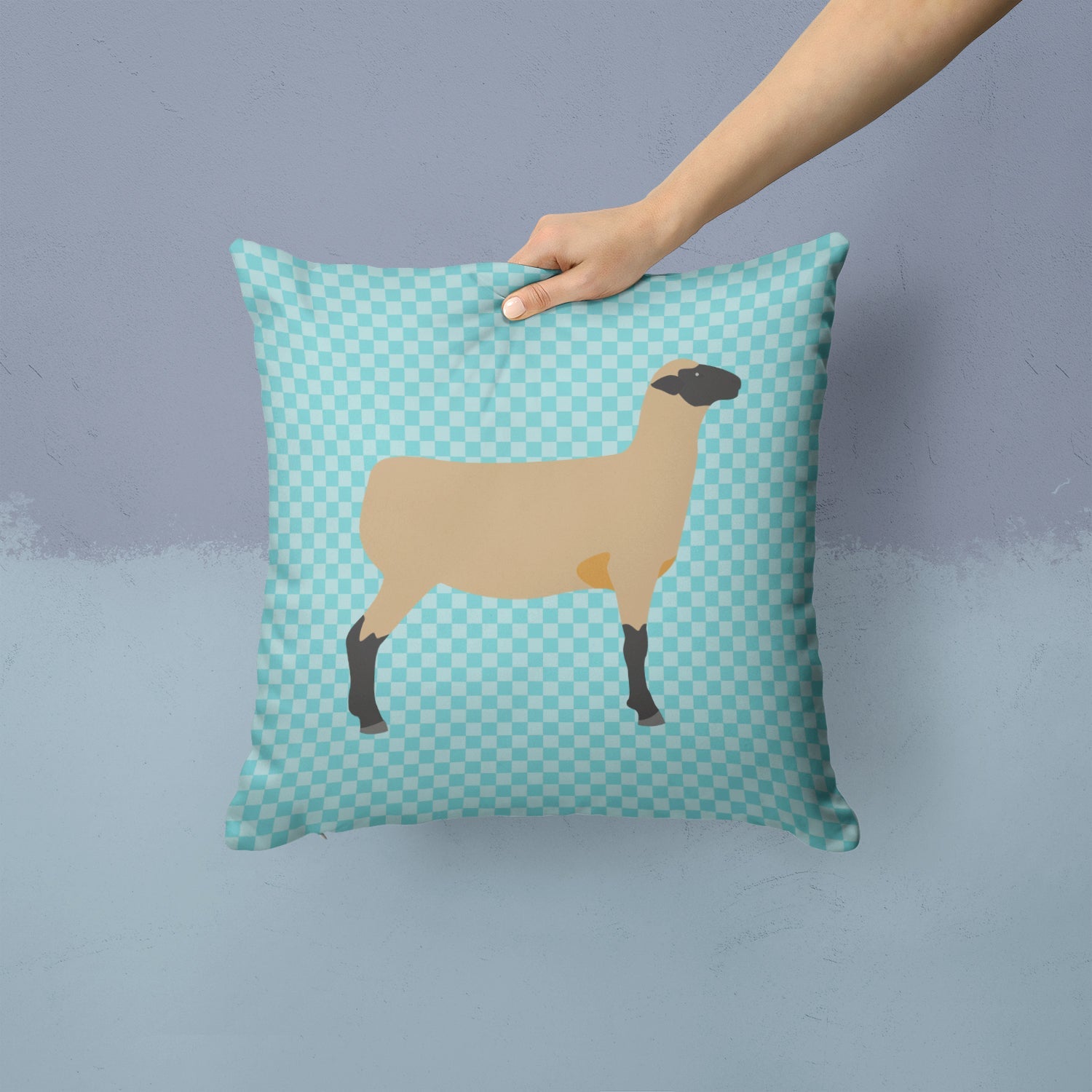 Hampshire Down Sheep Blue Check Decorative Throw Pillow 14x14 Indoor Outdoor Accent Cushion, Fabric Cover with Insert for Sofa, Bed, Porch & Living Room