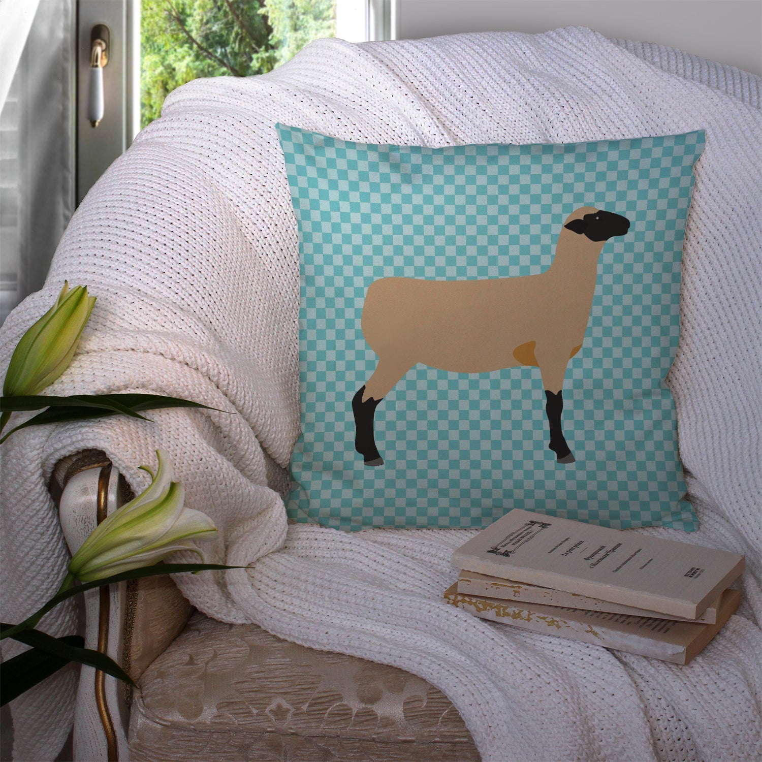 Hampshire Down Sheep Blue Check Decorative Throw Pillow 14x14 Indoor Outdoor Accent Cushion, Fabric Cover with Insert for Sofa, Bed, Porch & Living Room