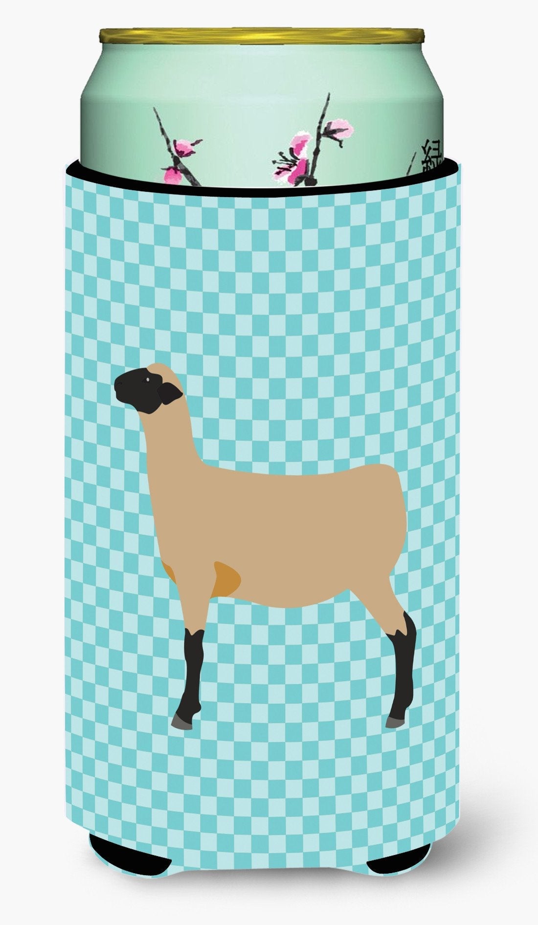 Hampshire Down Sheep Blue Check Tall Boy Hugger Can Cooler Sleeve Machine Washable Drink Collapsible Insulator Beverage Insulated Holder