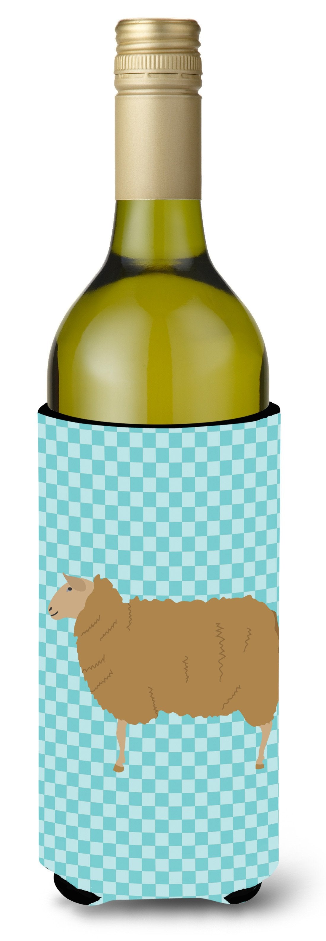 East Friesian Sheep Blue Check Wine Bottle Hugger Gift Sleeve for Standard 750 ml Bottles, Insulated Reusable Also Fits Mini Shot & Pint Bottles