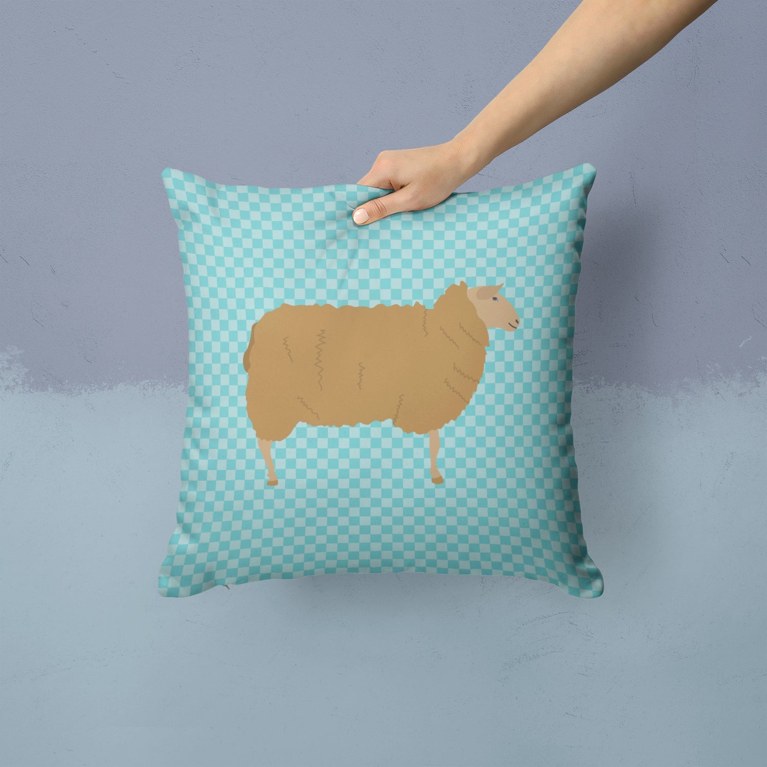 East Friesian Sheep Blue Check Decorative Throw Pillow 14x14 Indoor Outdoor Accent Cushion, Fabric Cover with Insert for Sofa, Bed, Porch & Living Room