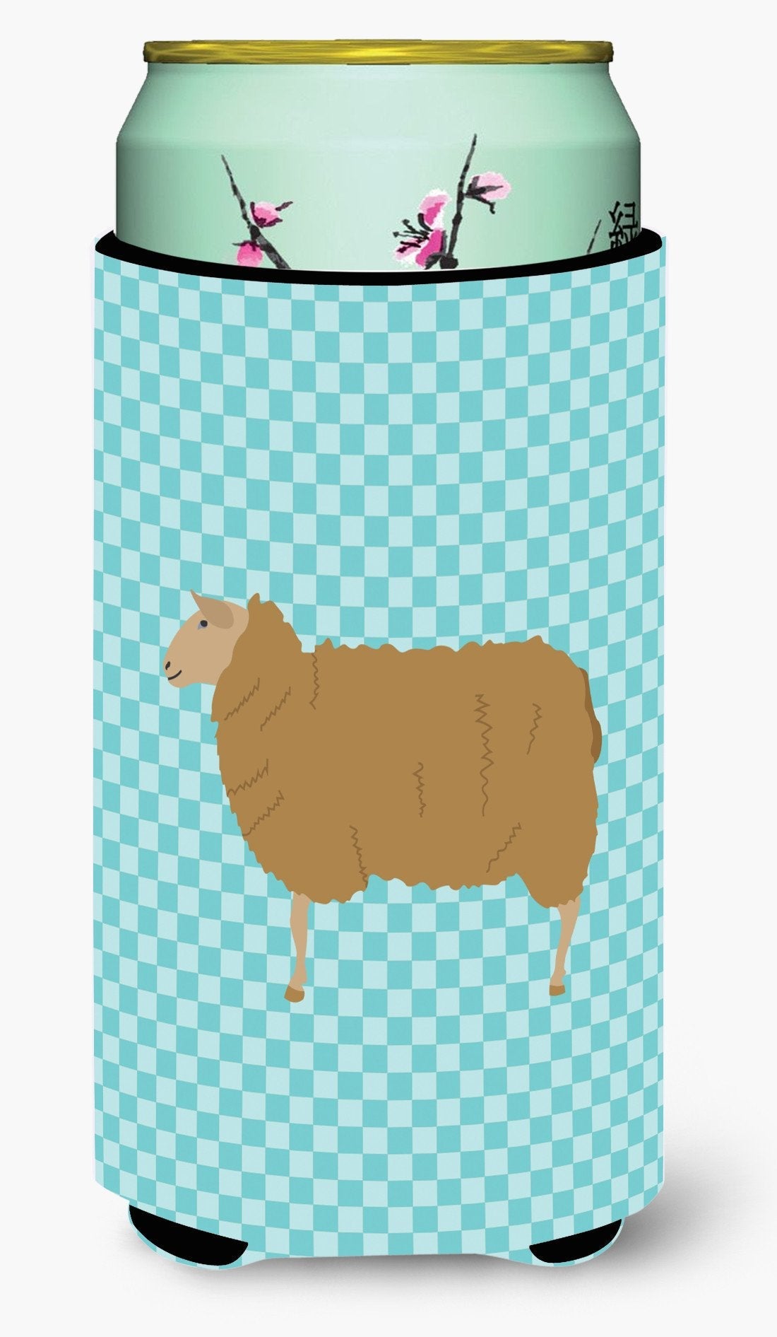 East Friesian Sheep Blue Check Tall Boy Hugger Can Cooler Sleeve Machine Washable Drink Collapsible Insulator Beverage Insulated Holder