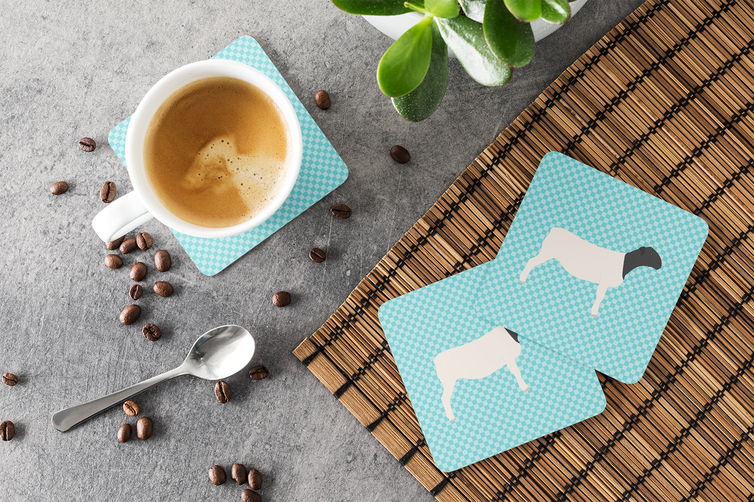 Dorper Sheep Blue Check Foam Coasters Set of 4 Cup Coasters for Indoor Outdoor, Tabletop Protection, Anti Slip, Mouse pad Material