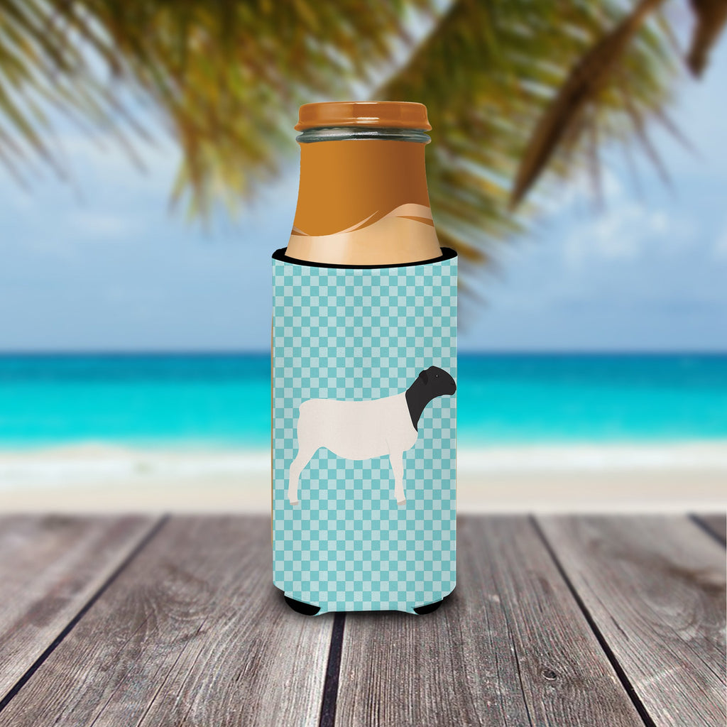 Dorper Sheep Blue Check Slim Can Hugger , Insulated Foam Hugger for 12 oz Slim Cans, Beer Bottles & Water Bottles, Printed in USA