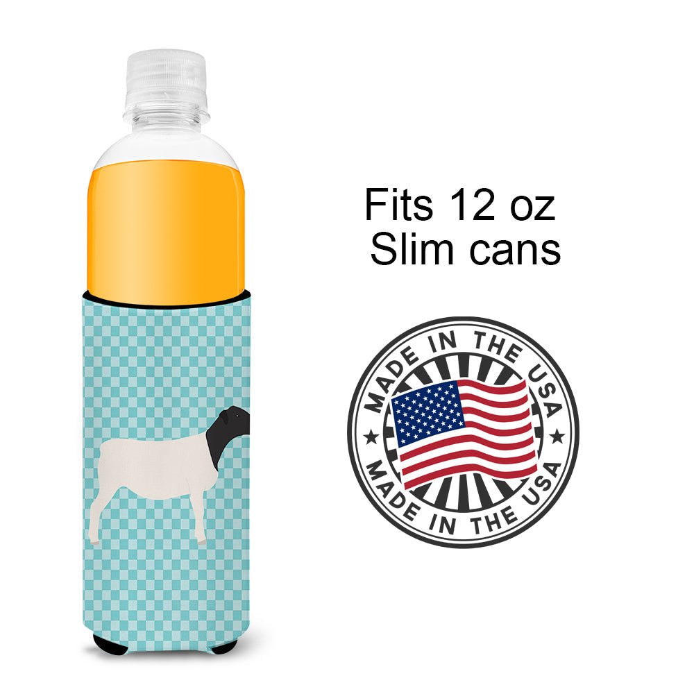 Dorper Sheep Blue Check Slim Can Hugger , Insulated Foam Hugger for 12 oz Slim Cans, Beer Bottles & Water Bottles, Printed in USA
