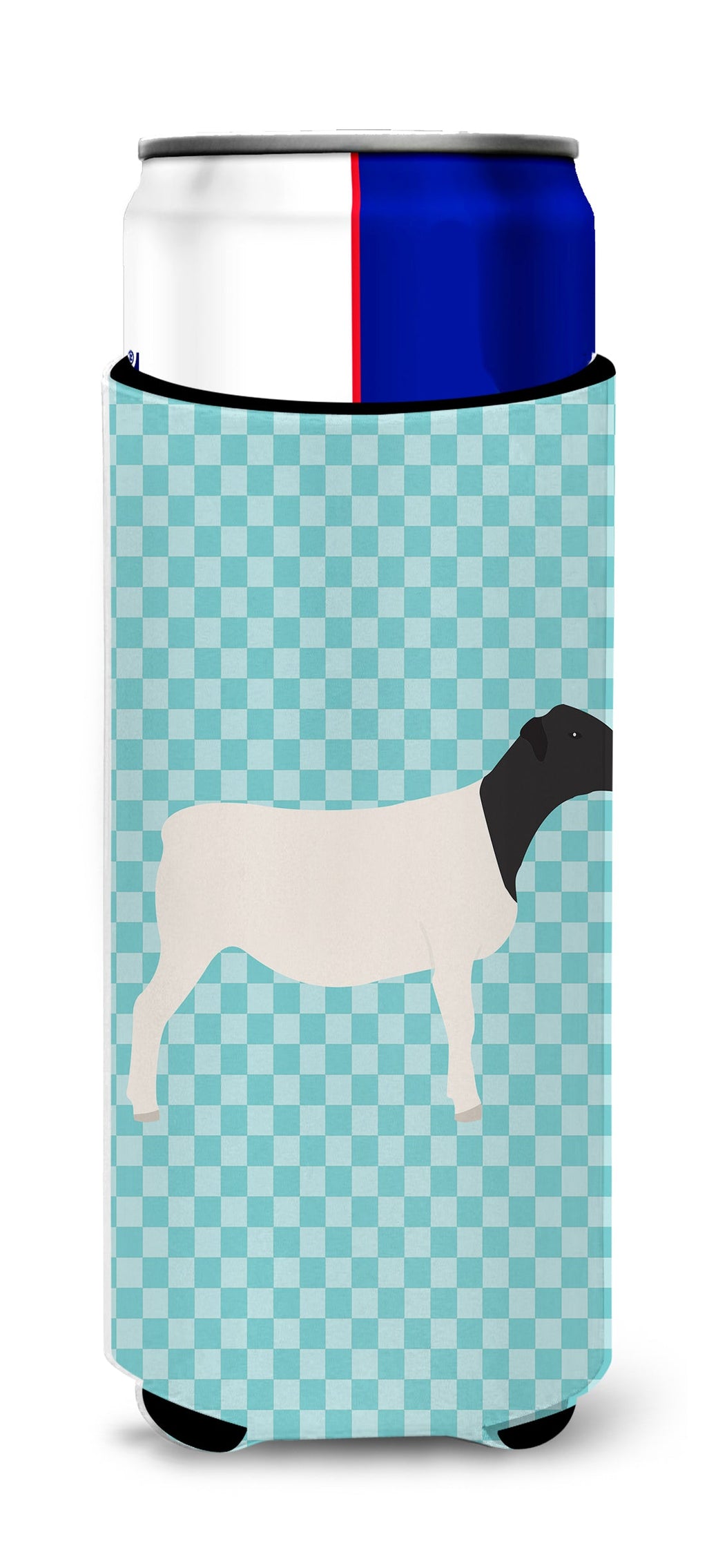 Dorper Sheep Blue Check Slim Can Hugger , Insulated Foam Hugger for 12 oz Slim Cans, Beer Bottles & Water Bottles, Printed in USA