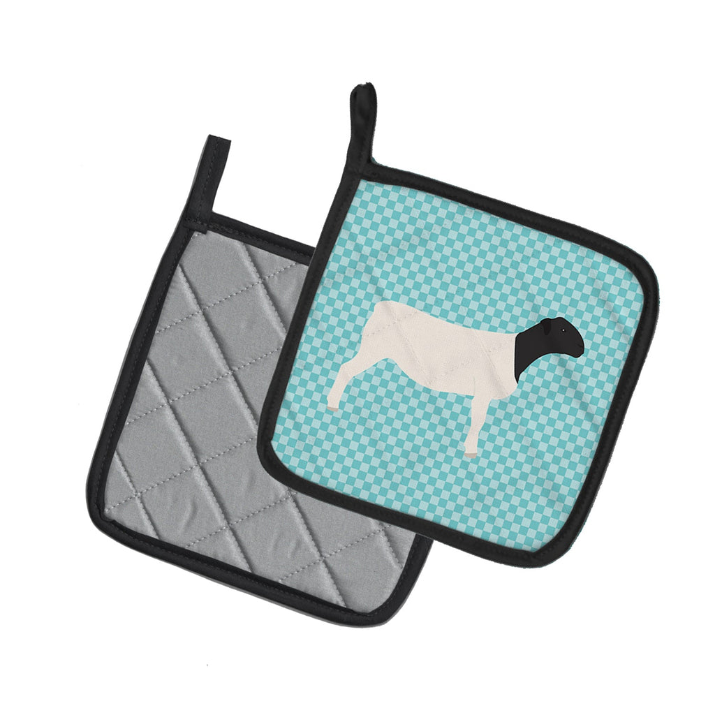Dorper Sheep Blue Check Pot Holder Set of 2 Heat Resistant Quilted Hot Pads 7.5 x 7.5 Inch, Insulated Kitchen Trivets for Cooking & Baking