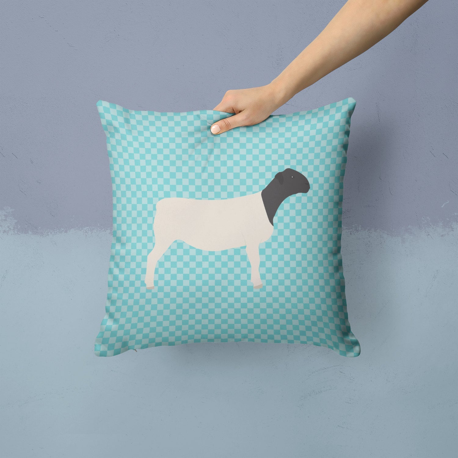 Dorper Sheep Blue Check Decorative Throw Pillow 14x14 Indoor Outdoor Accent Cushion, Fabric Cover with Insert for Sofa, Bed, Porch & Living Room