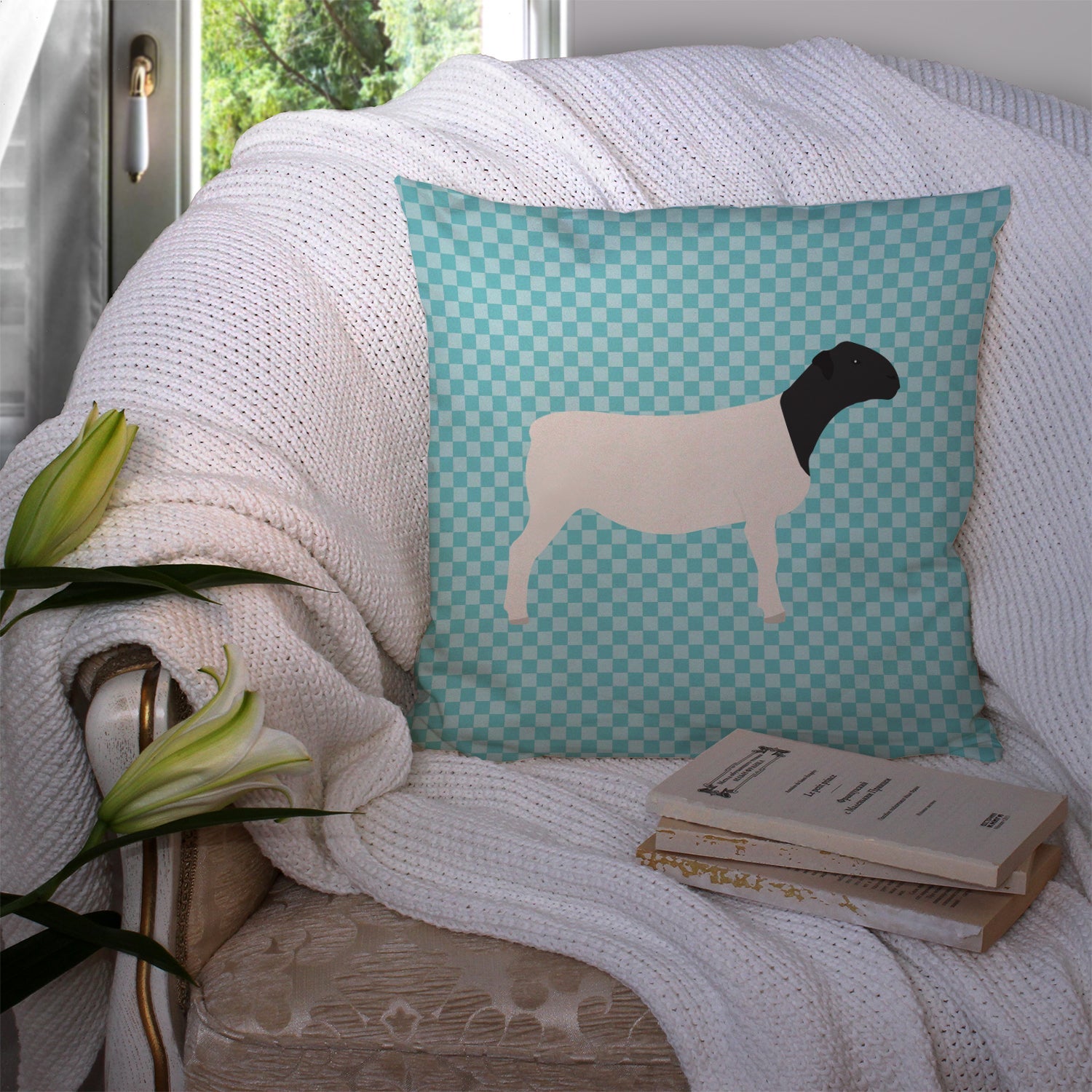 Dorper Sheep Blue Check Decorative Throw Pillow 14x14 Indoor Outdoor Accent Cushion, Fabric Cover with Insert for Sofa, Bed, Porch & Living Room