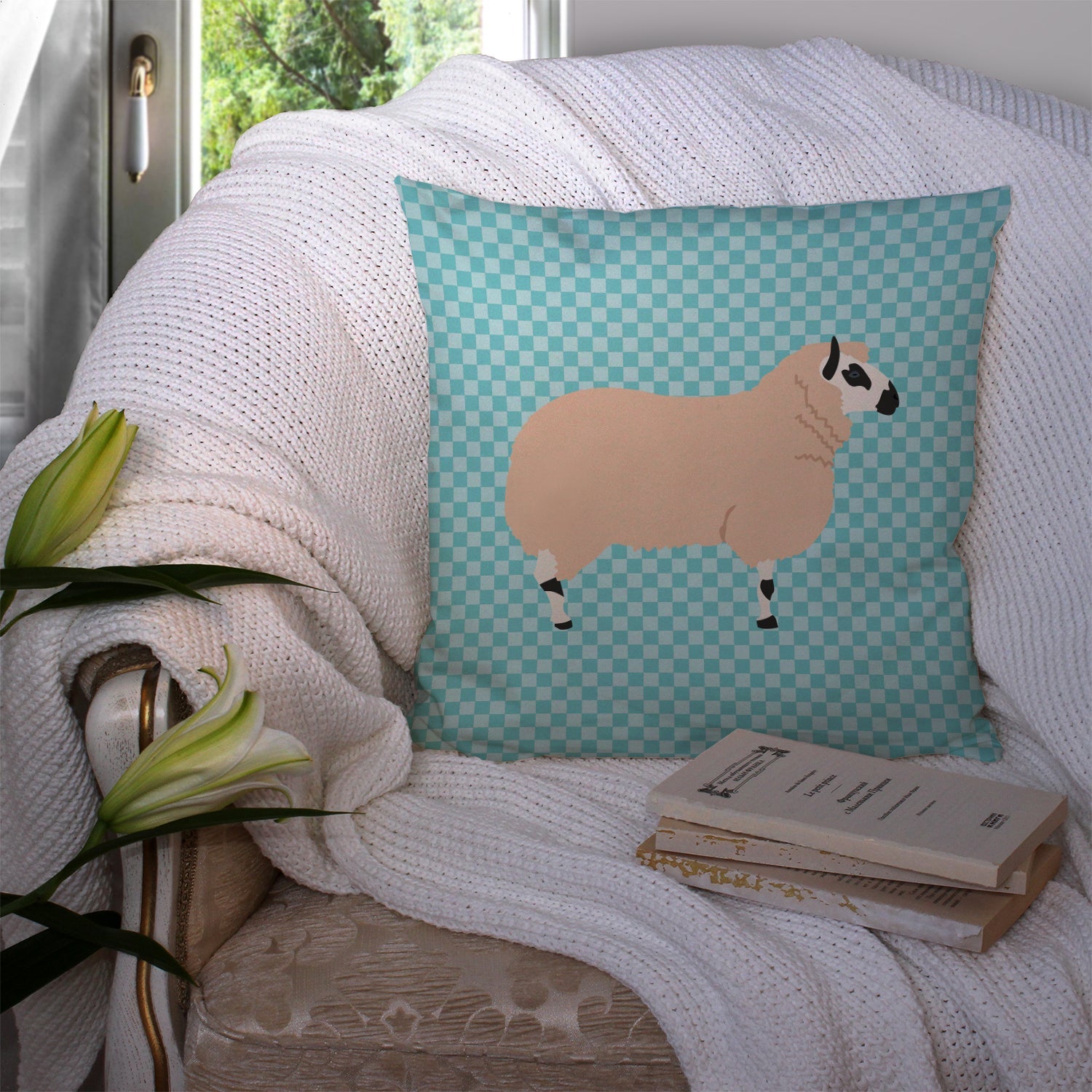 Kerry Hill Sheep Blue Check Decorative Throw Pillow 14x14 Indoor Outdoor Accent Cushion, Fabric Cover with Insert for Sofa, Bed, Porch & Living Room