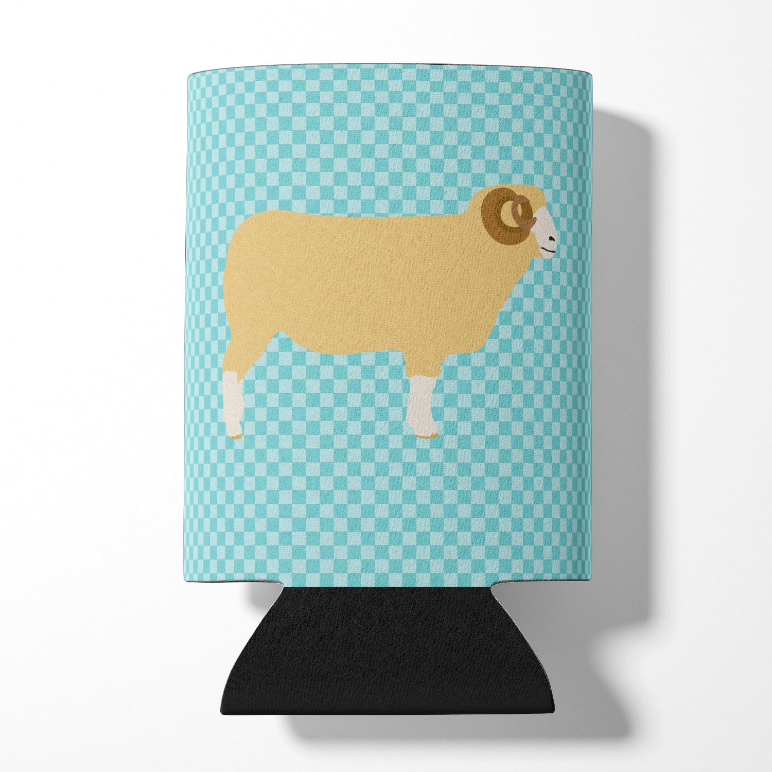 Horned Dorset Sheep Blue Check Can or Bottle Hugger Cooler Sleeve for Standard 12 oz Cans, Insulated Foam Beer & Soda Can Hugger Reusable