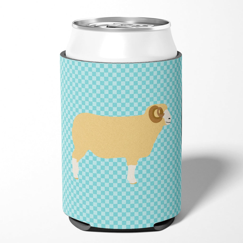 Horned Dorset Sheep Blue Check Can or Bottle Hugger Cooler Sleeve for Standard 12 oz Cans, Insulated Foam Beer & Soda Can Hugger Reusable