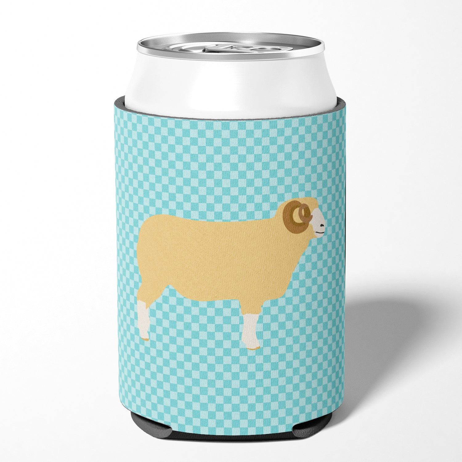 Horned Dorset Sheep Blue Check Can or Bottle Hugger Cooler Sleeve for Standard 12 oz Cans, Insulated Foam Beer & Soda Can Hugger Reusable