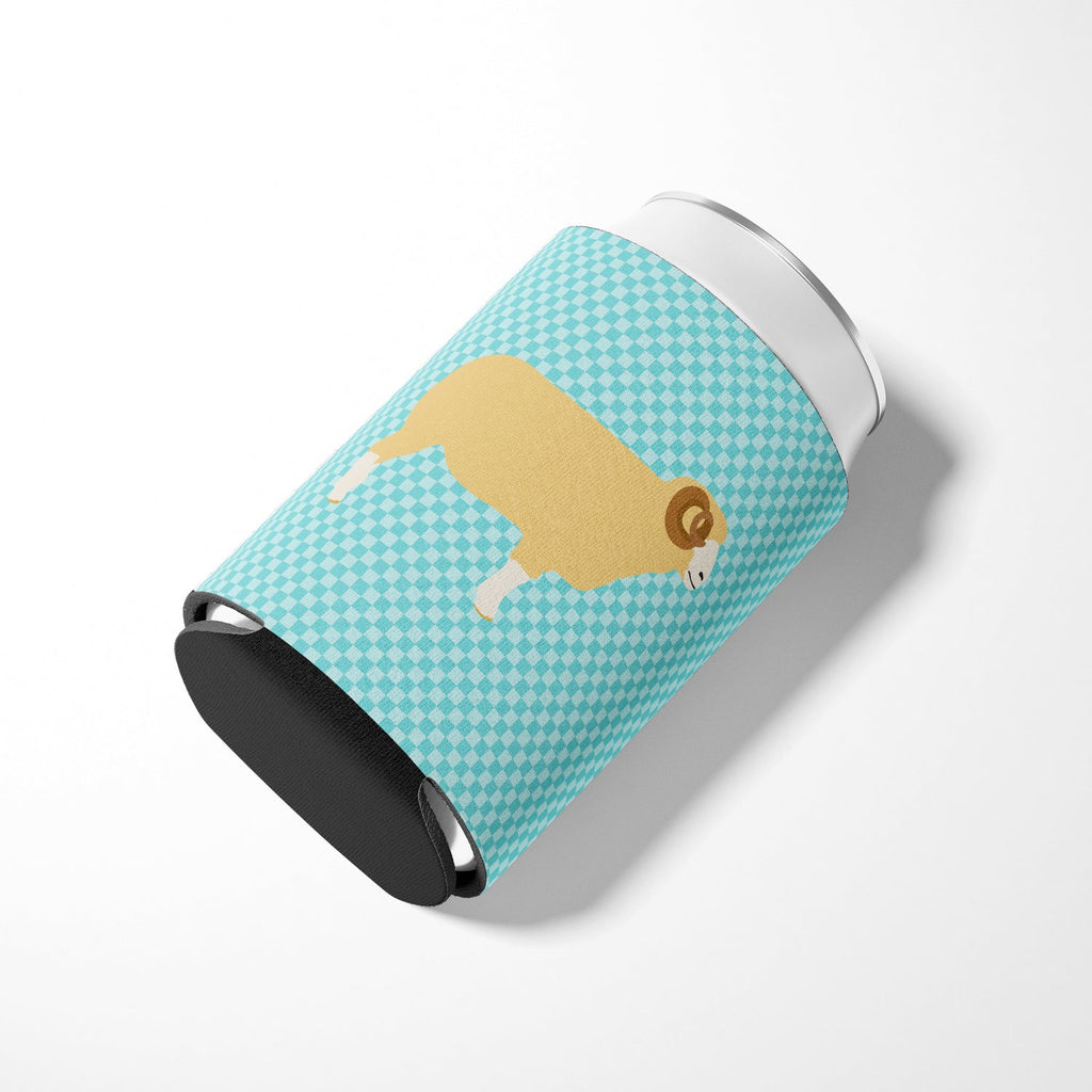 Horned Dorset Sheep Blue Check Can or Bottle Hugger Cooler Sleeve for Standard 12 oz Cans, Insulated Foam Beer & Soda Can Hugger Reusable