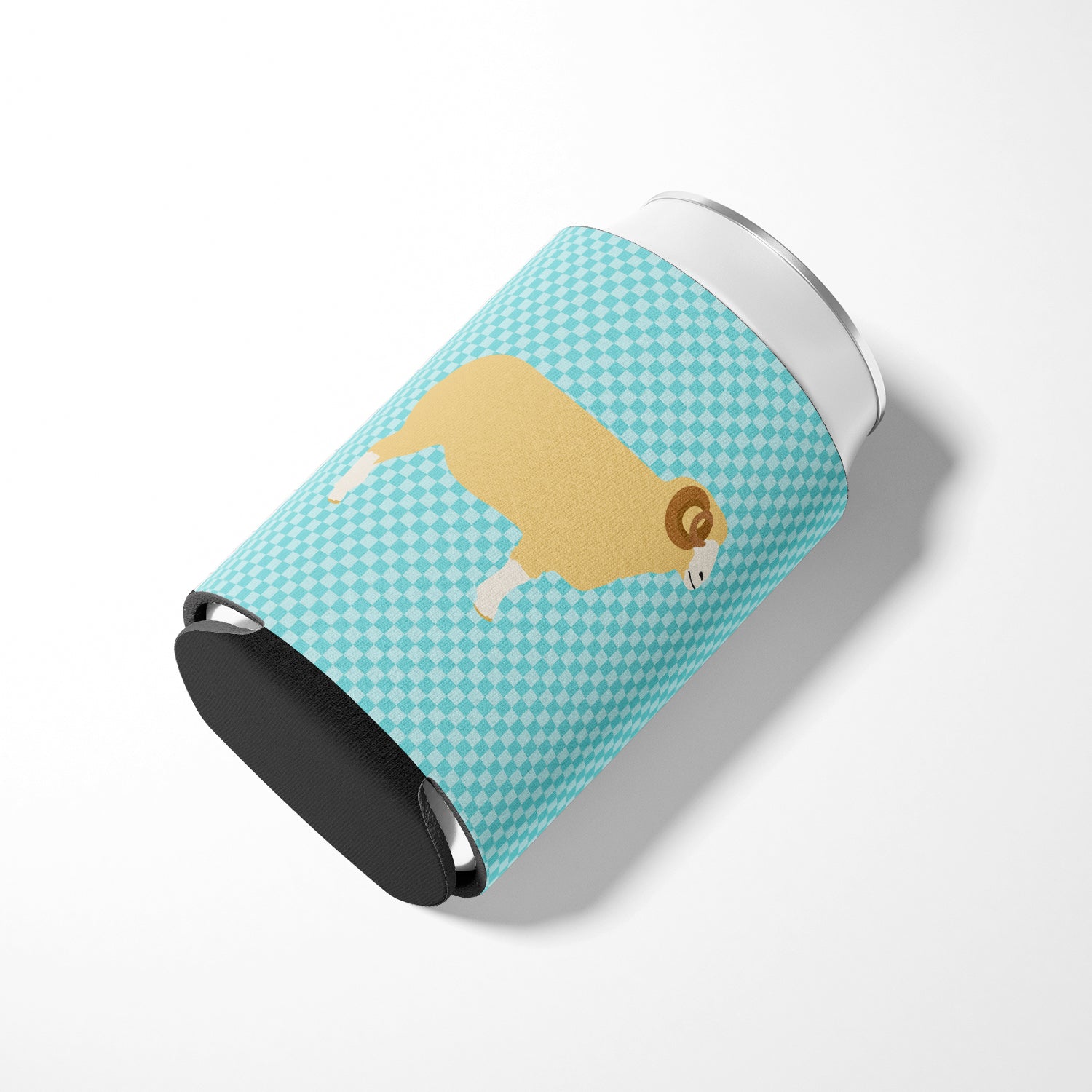 Horned Dorset Sheep Blue Check Can or Bottle Hugger Cooler Sleeve for Standard 12 oz Cans, Insulated Foam Beer & Soda Can Hugger Reusable