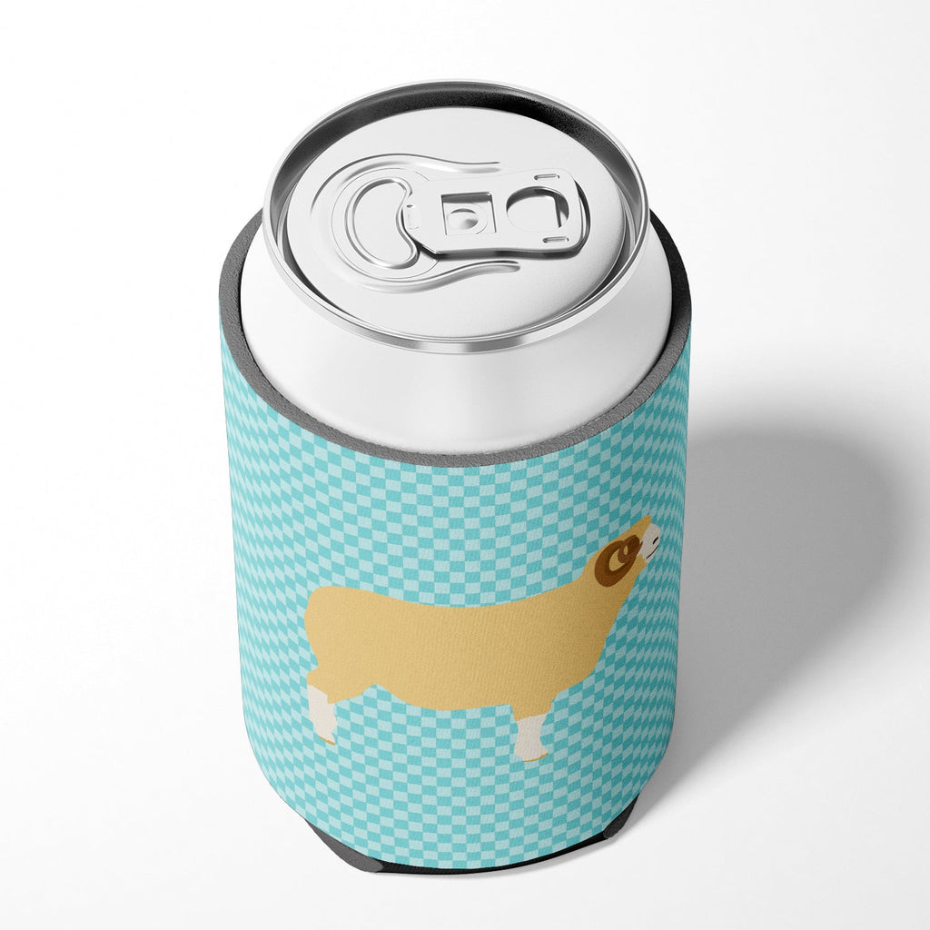 Horned Dorset Sheep Blue Check Can or Bottle Hugger Cooler Sleeve for Standard 12 oz Cans, Insulated Foam Beer & Soda Can Hugger Reusable
