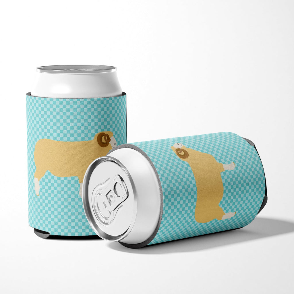 Horned Dorset Sheep Blue Check Can or Bottle Hugger Cooler Sleeve for Standard 12 oz Cans, Insulated Foam Beer & Soda Can Hugger Reusable