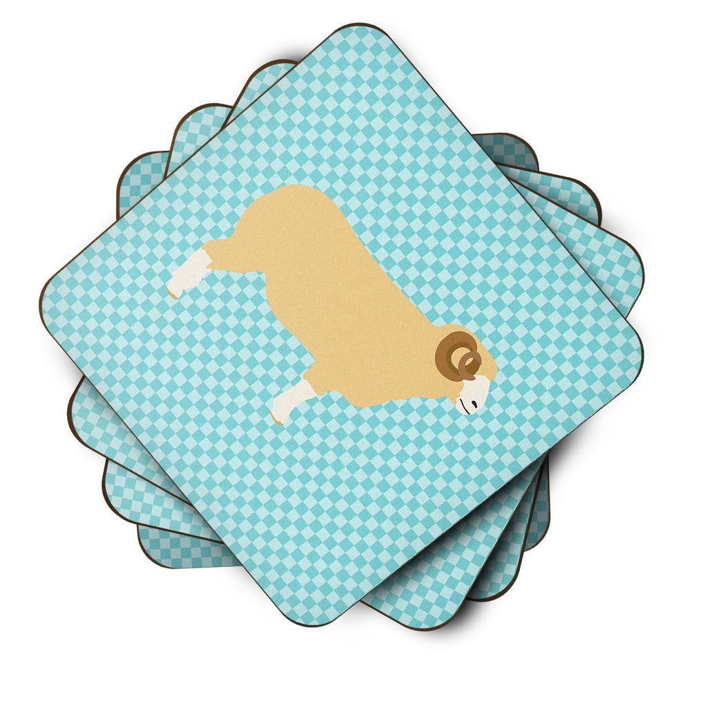 Horned Dorset Sheep Blue Check Foam Coasters Set of 4 Cup Coasters for Indoor Outdoor, Tabletop Protection, Anti Slip, Mouse pad Material