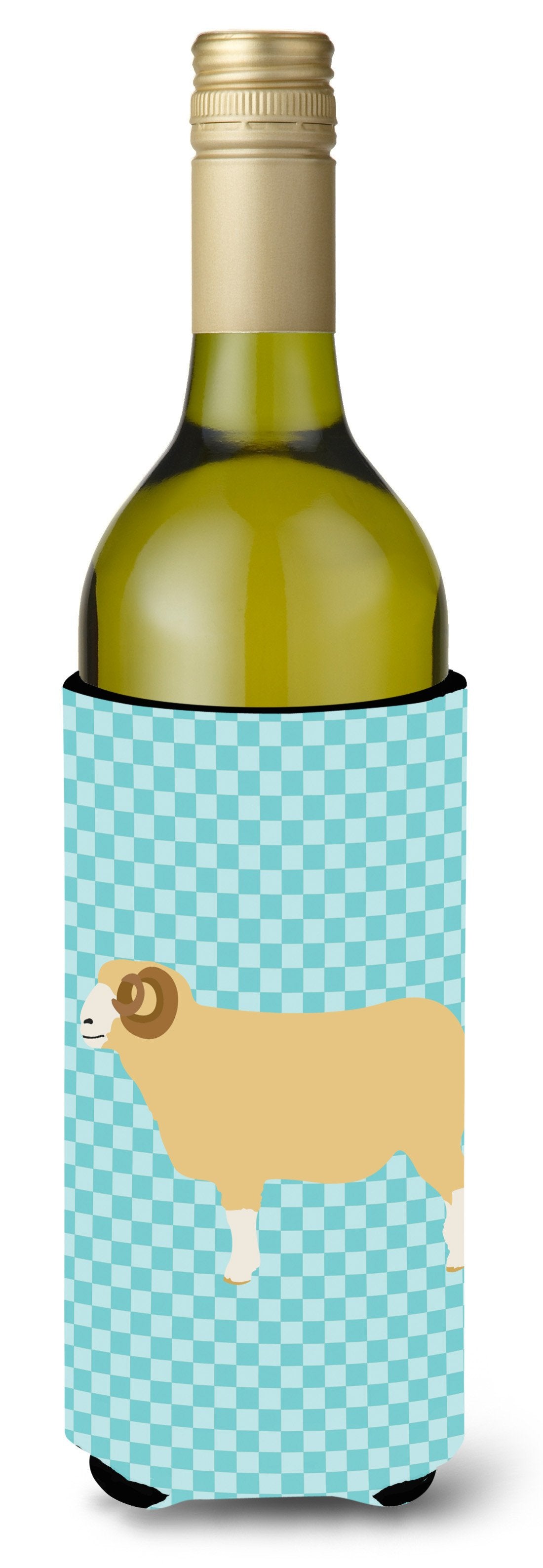 Horned Dorset Sheep Blue Check Wine Bottle Hugger Gift Sleeve for Standard 750 ml Bottles, Insulated Reusable Also Fits Mini Shot & Pint Bottles